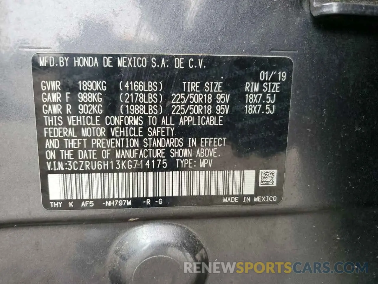 13 Photograph of a damaged car 3CZRU6H13KG714175 HONDA HR-V 2019