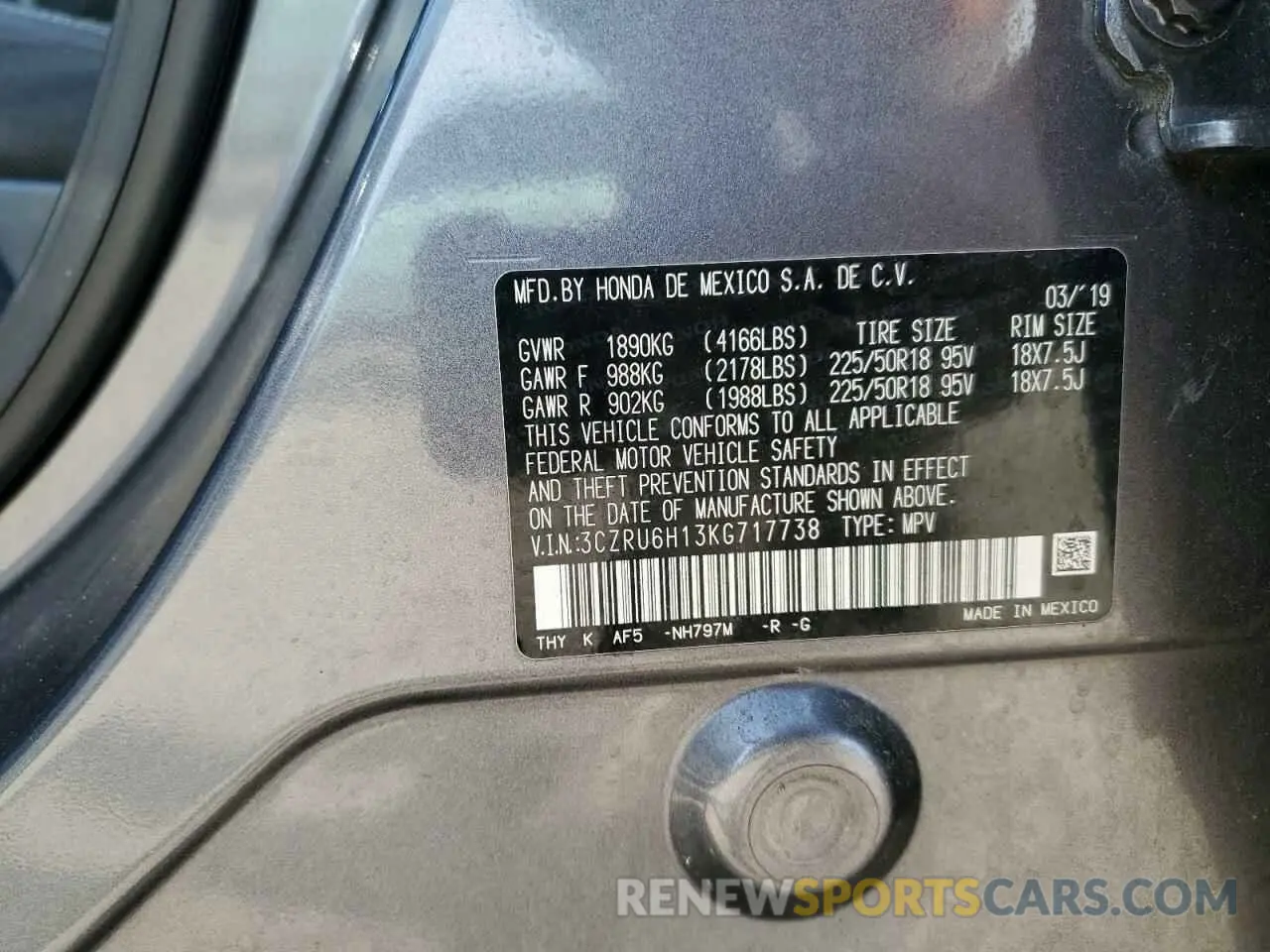 12 Photograph of a damaged car 3CZRU6H13KG717738 HONDA HR-V 2019