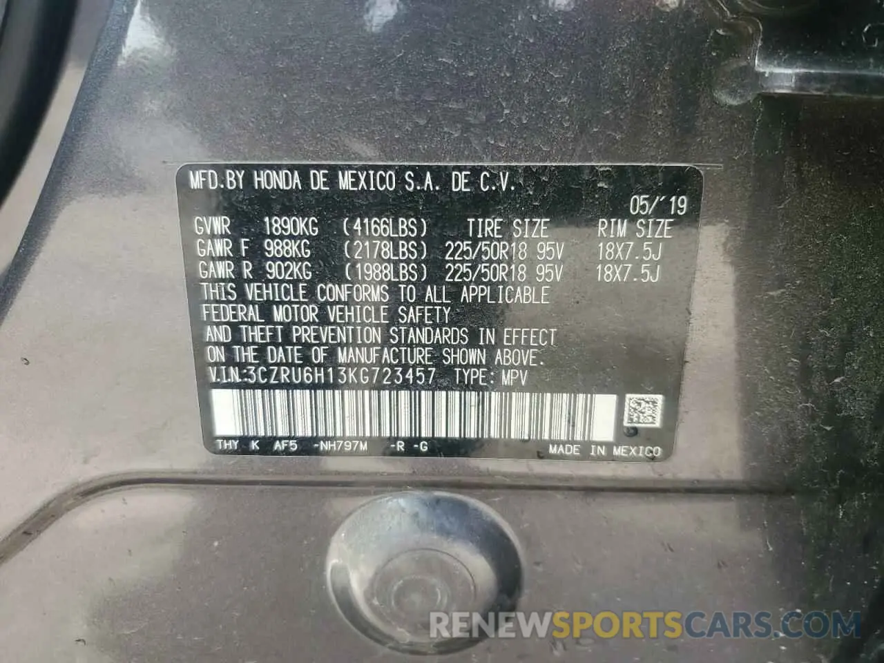 13 Photograph of a damaged car 3CZRU6H13KG723457 HONDA HR-V 2019