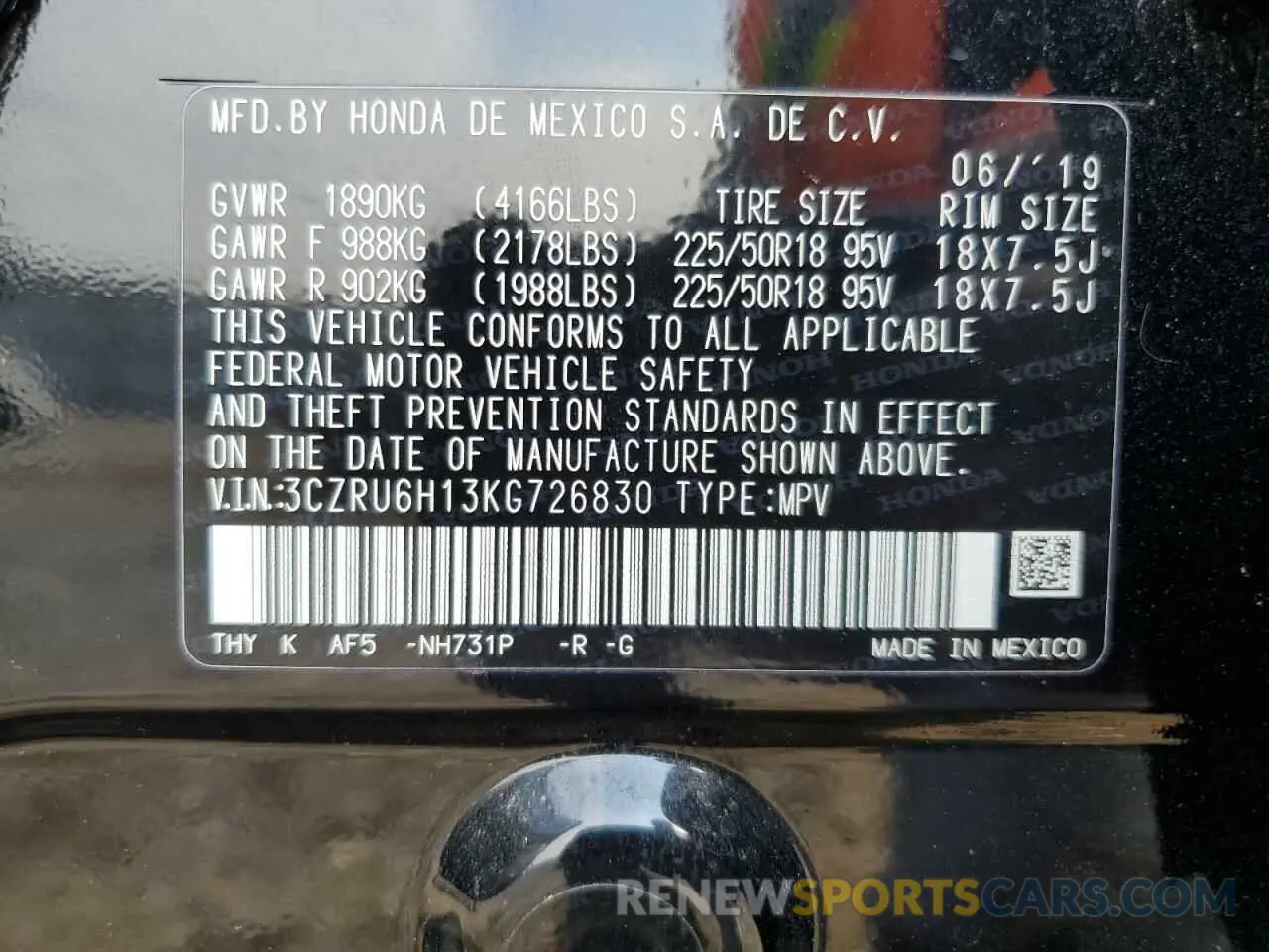 15 Photograph of a damaged car 3CZRU6H13KG726830 HONDA HR-V 2019