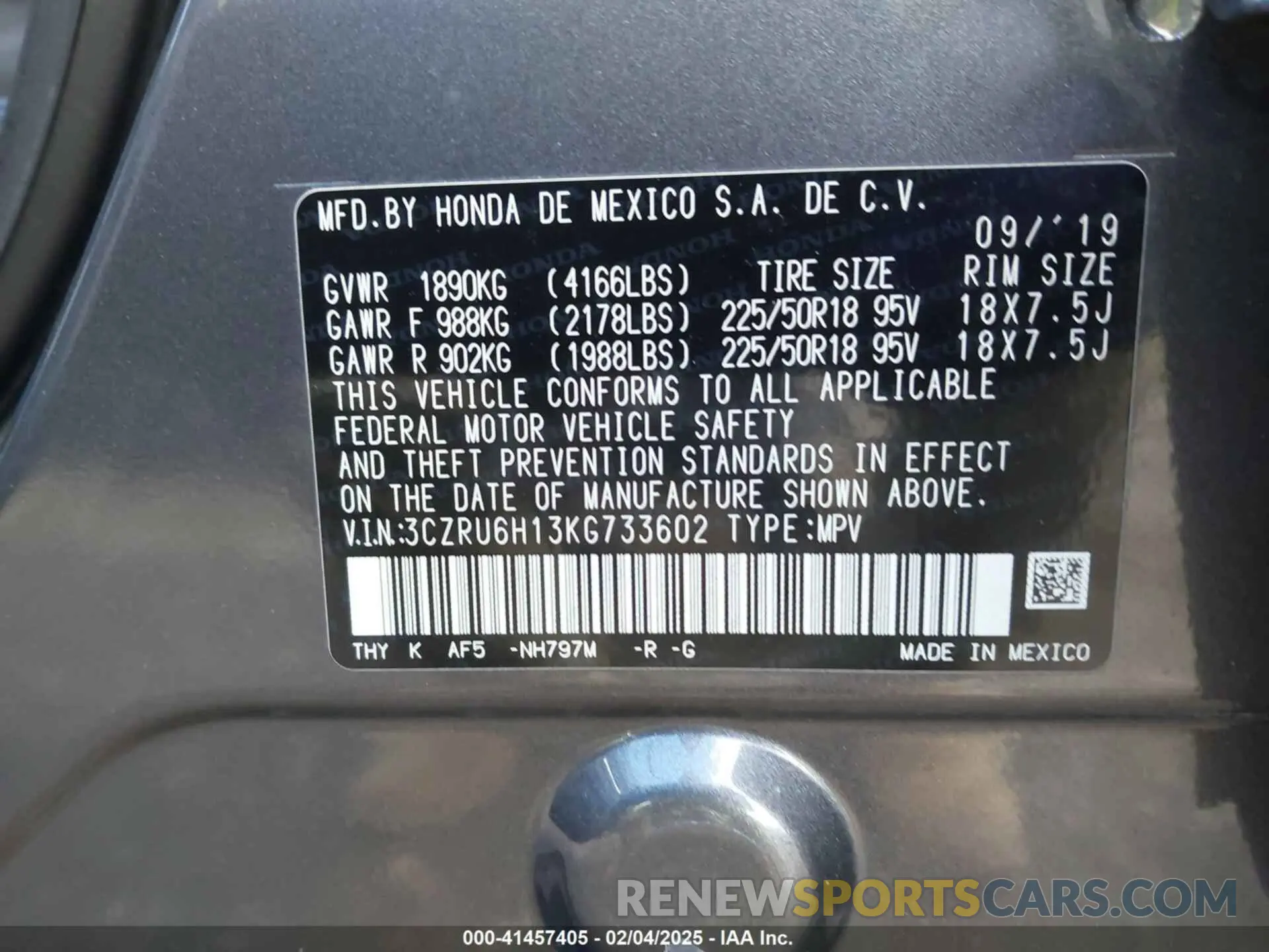 9 Photograph of a damaged car 3CZRU6H13KG733602 HONDA HR-V 2019