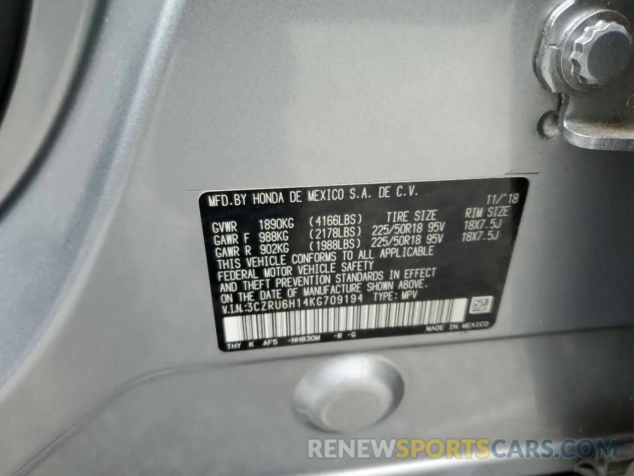 16 Photograph of a damaged car 3CZRU6H14KG709194 HONDA HR-V 2019