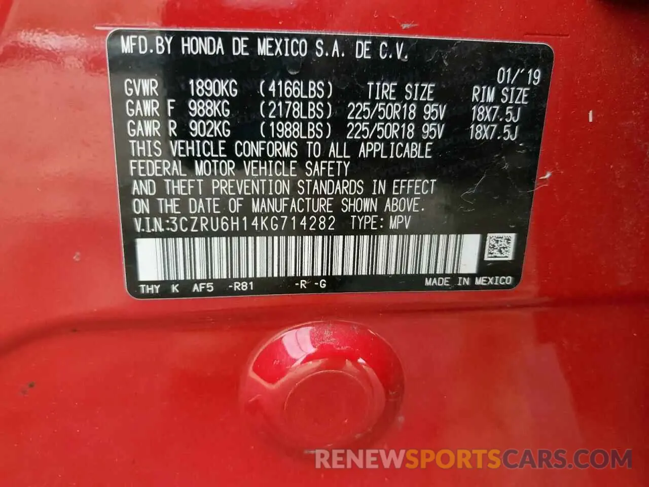 13 Photograph of a damaged car 3CZRU6H14KG714282 HONDA HR-V 2019