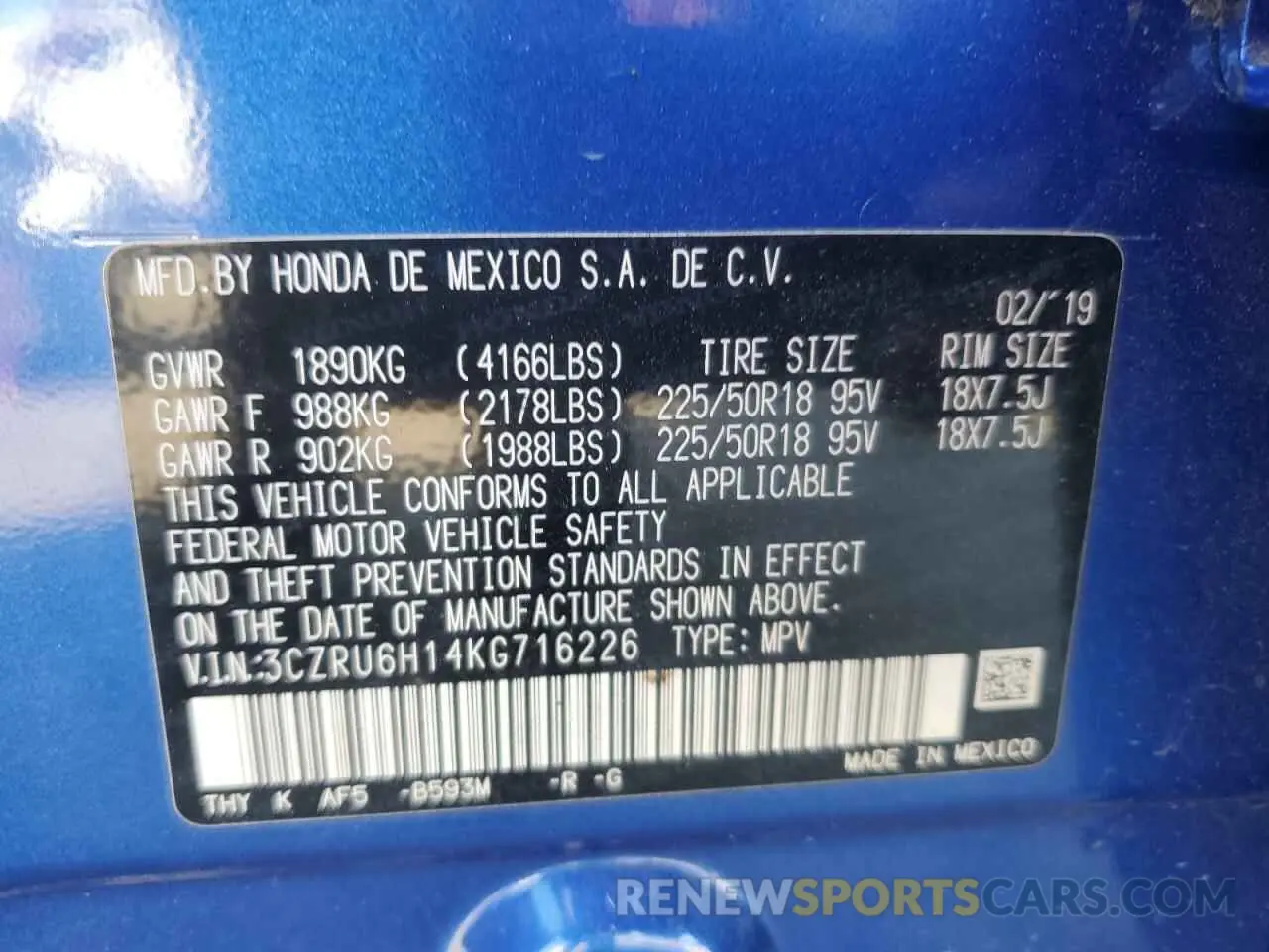 13 Photograph of a damaged car 3CZRU6H14KG716226 HONDA HR-V 2019