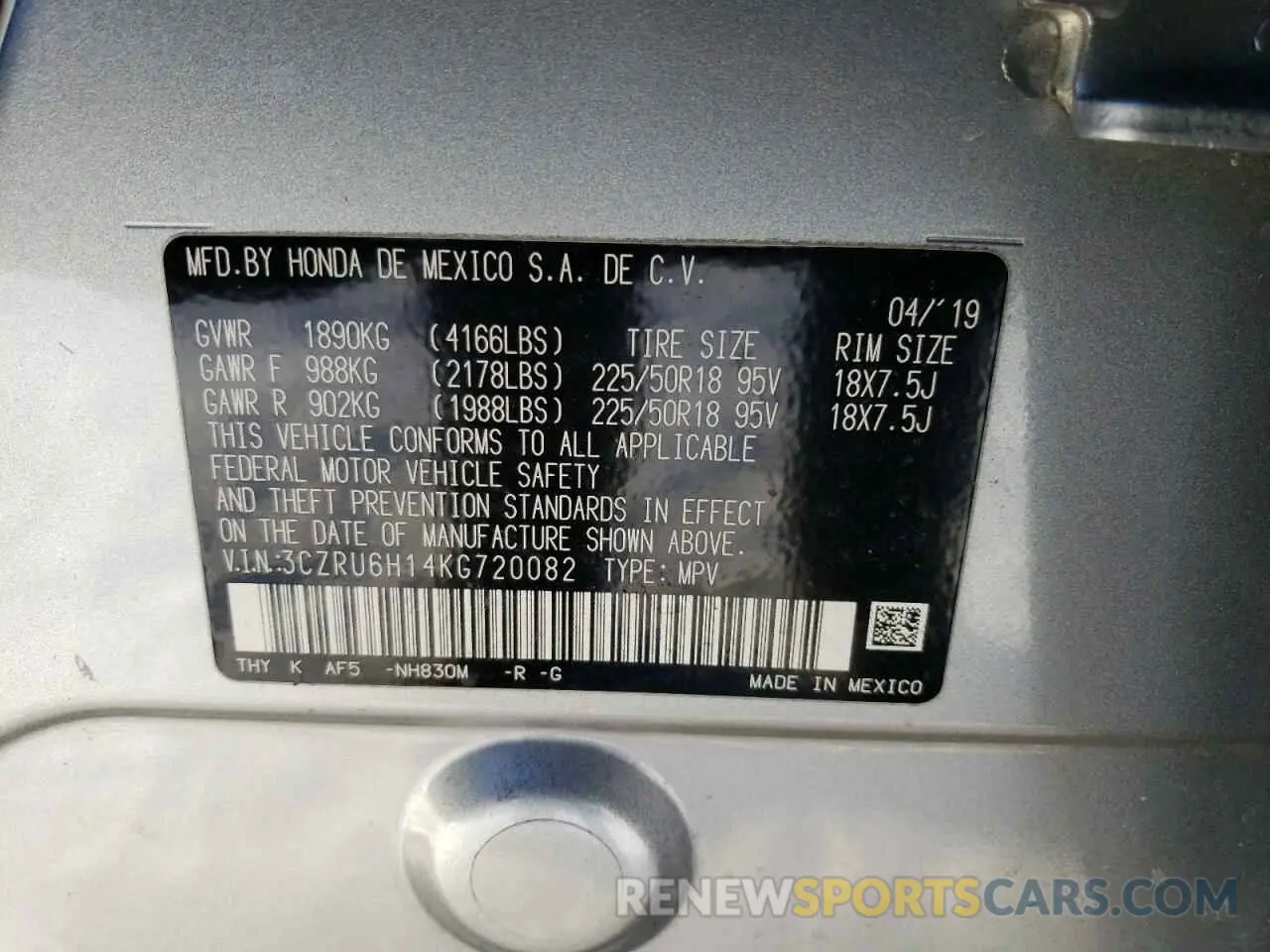 14 Photograph of a damaged car 3CZRU6H14KG720082 HONDA HR-V 2019