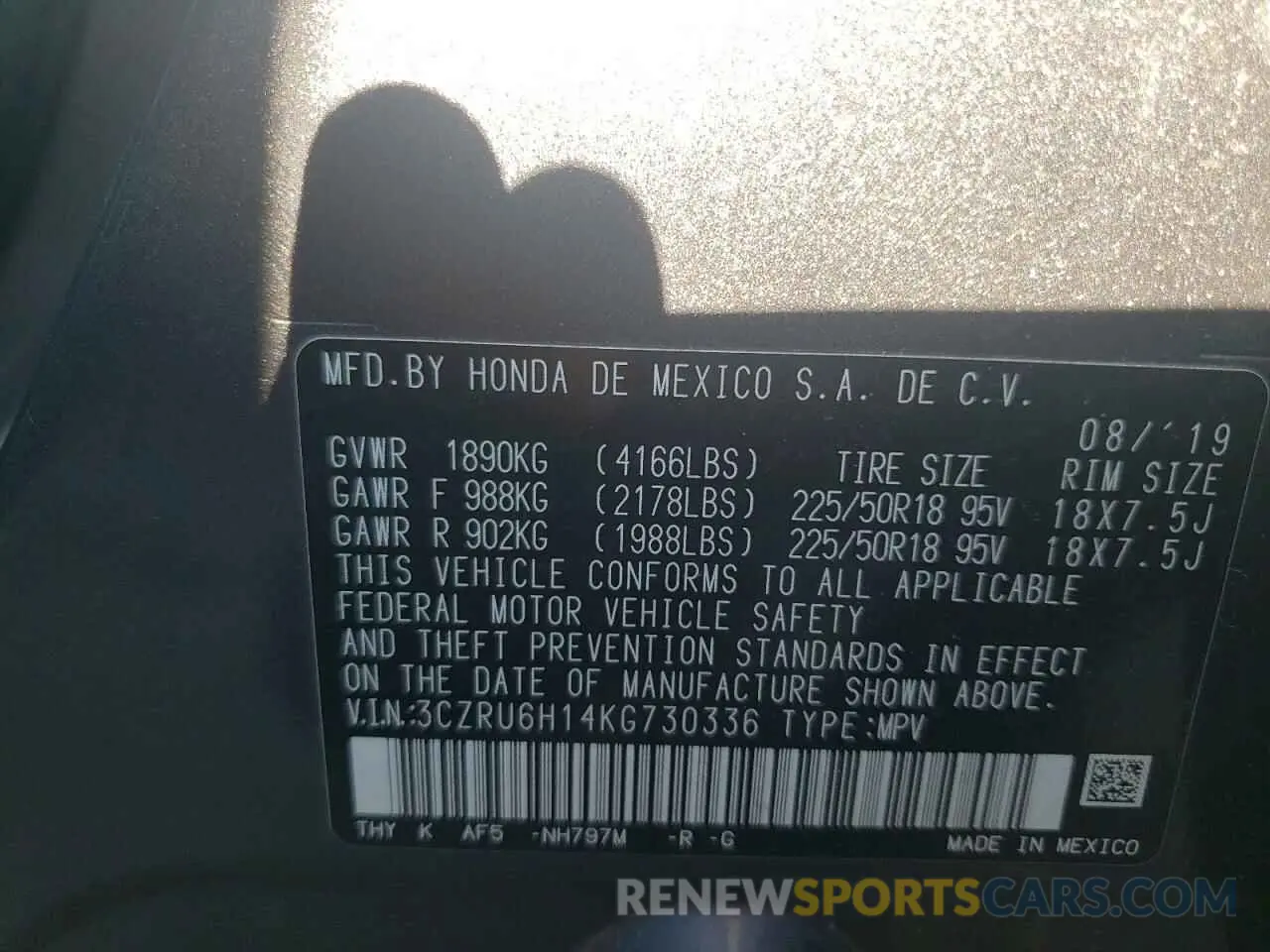 13 Photograph of a damaged car 3CZRU6H14KG730336 HONDA HR-V 2019
