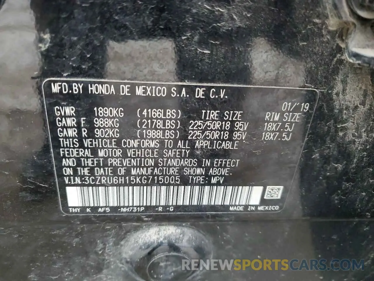 12 Photograph of a damaged car 3CZRU6H15KG715005 HONDA HR-V 2019