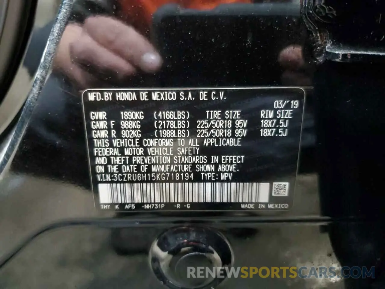 13 Photograph of a damaged car 3CZRU6H15KG718194 HONDA HR-V 2019