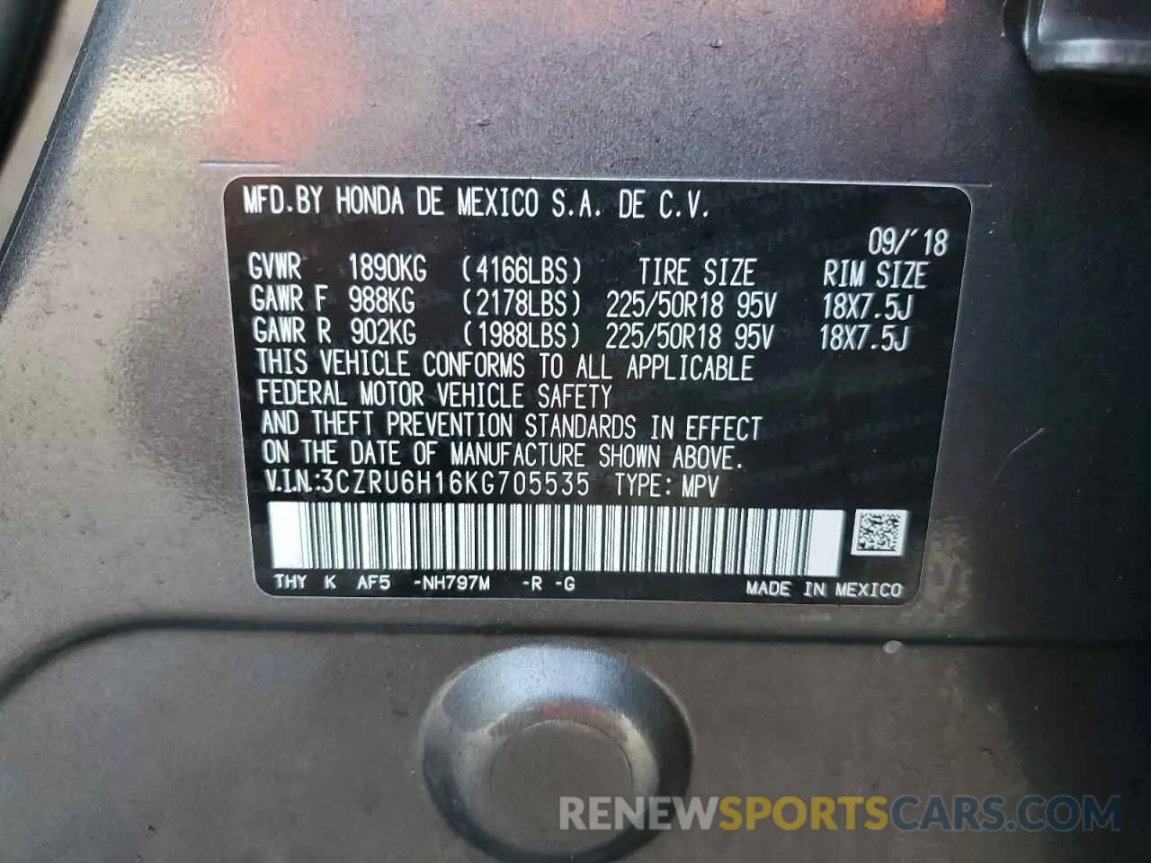 14 Photograph of a damaged car 3CZRU6H16KG705535 HONDA HR-V 2019