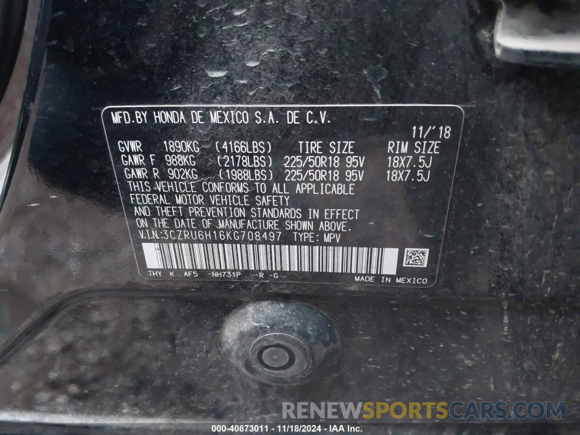 9 Photograph of a damaged car 3CZRU6H16KG708497 HONDA HR-V 2019