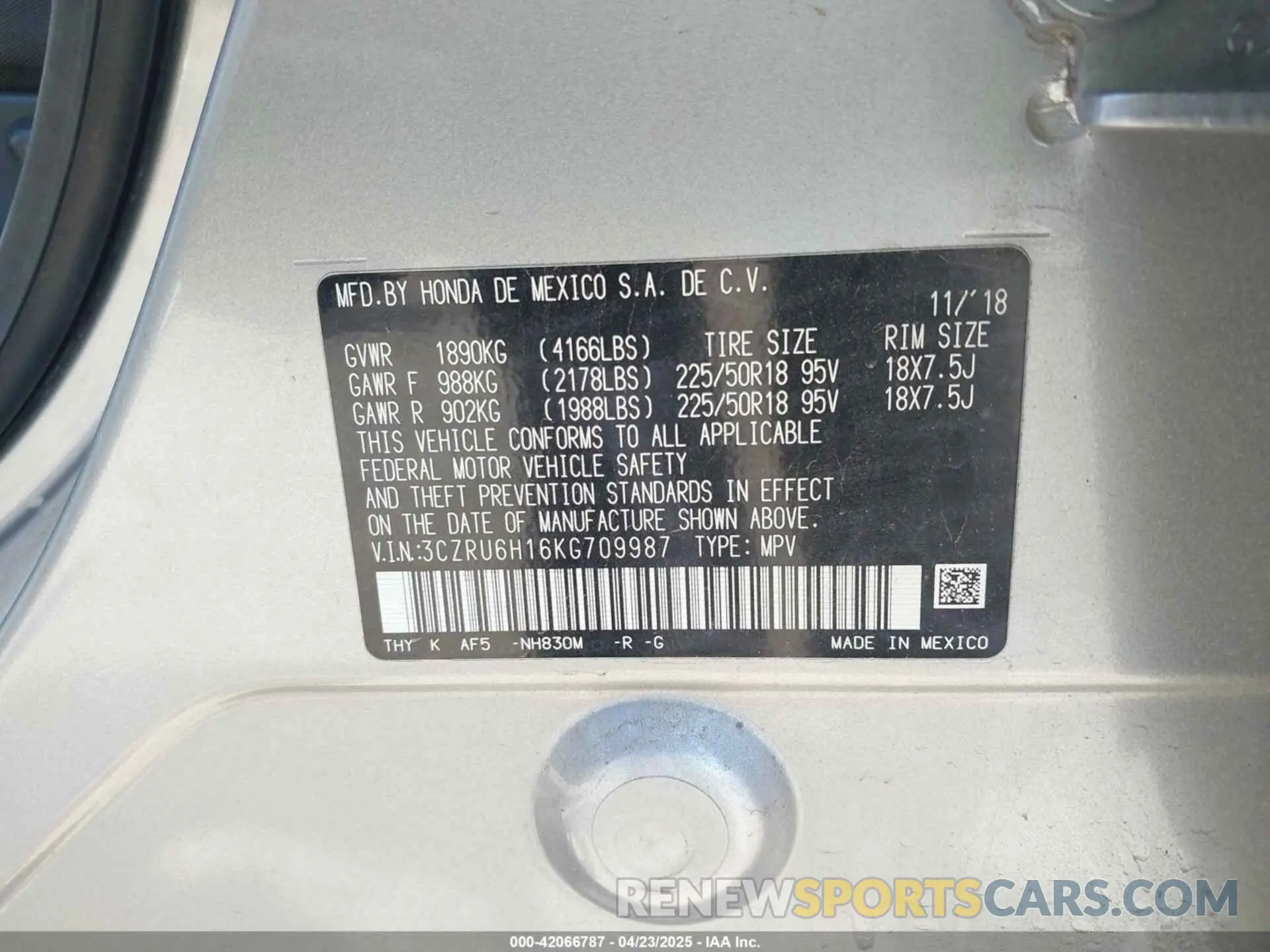 9 Photograph of a damaged car 3CZRU6H16KG709987 HONDA HR-V 2019