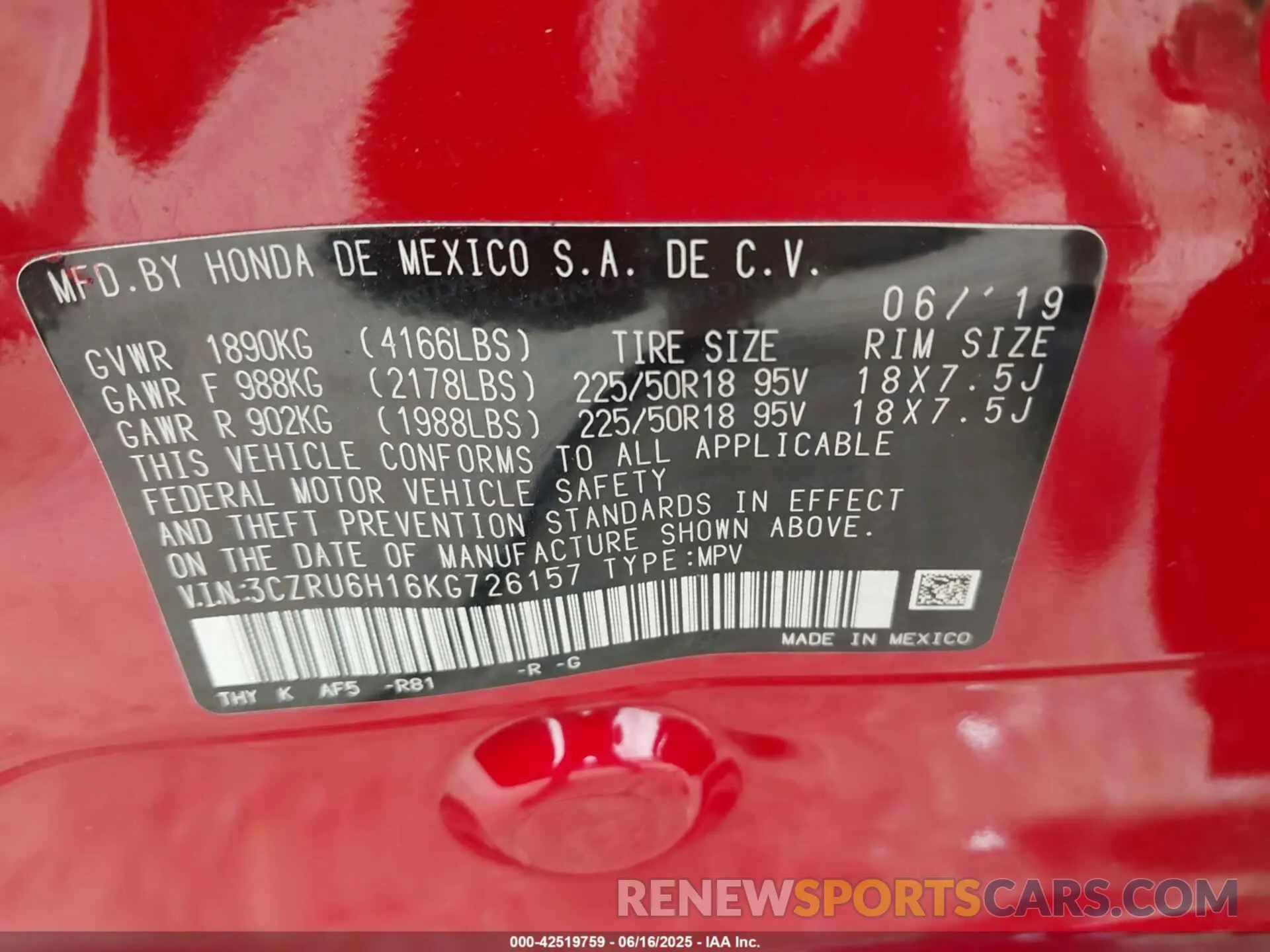 9 Photograph of a damaged car 3CZRU6H16KG726157 HONDA HR-V 2019