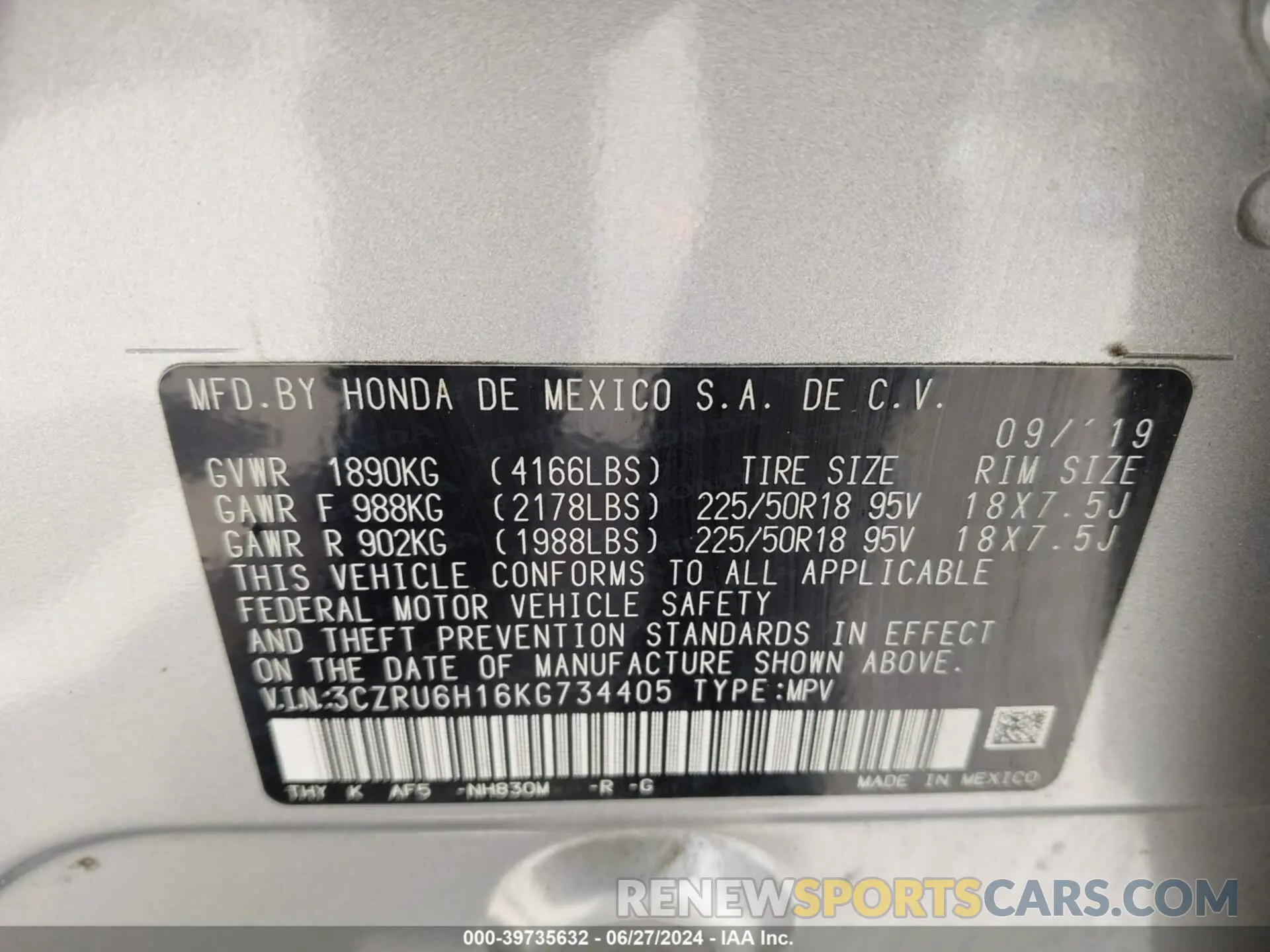 9 Photograph of a damaged car 3CZRU6H16KG734405 HONDA HR-V 2019