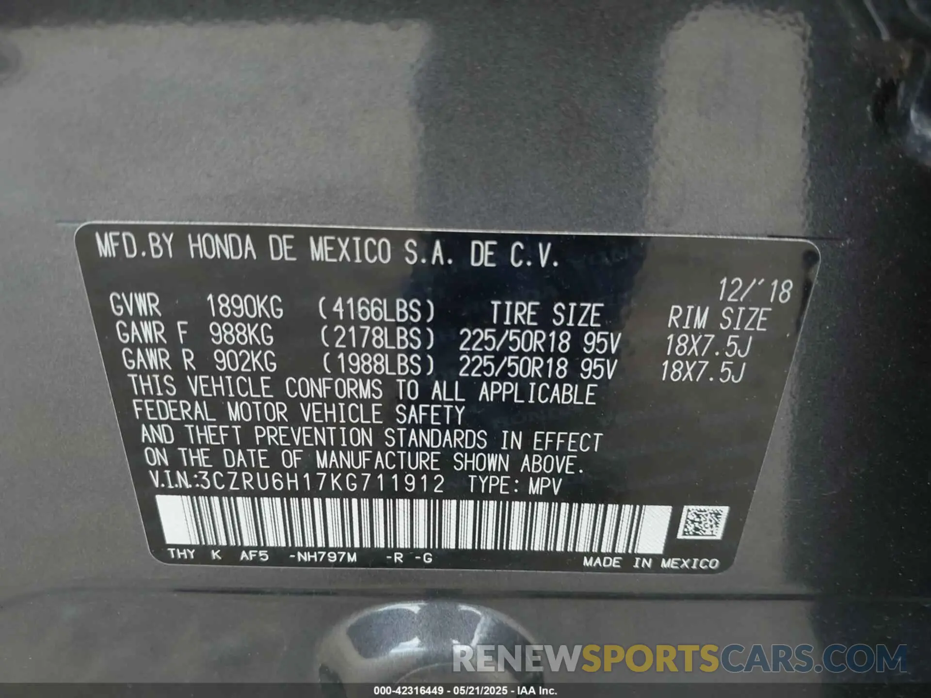 9 Photograph of a damaged car 3CZRU6H17KG711912 HONDA HR-V 2019