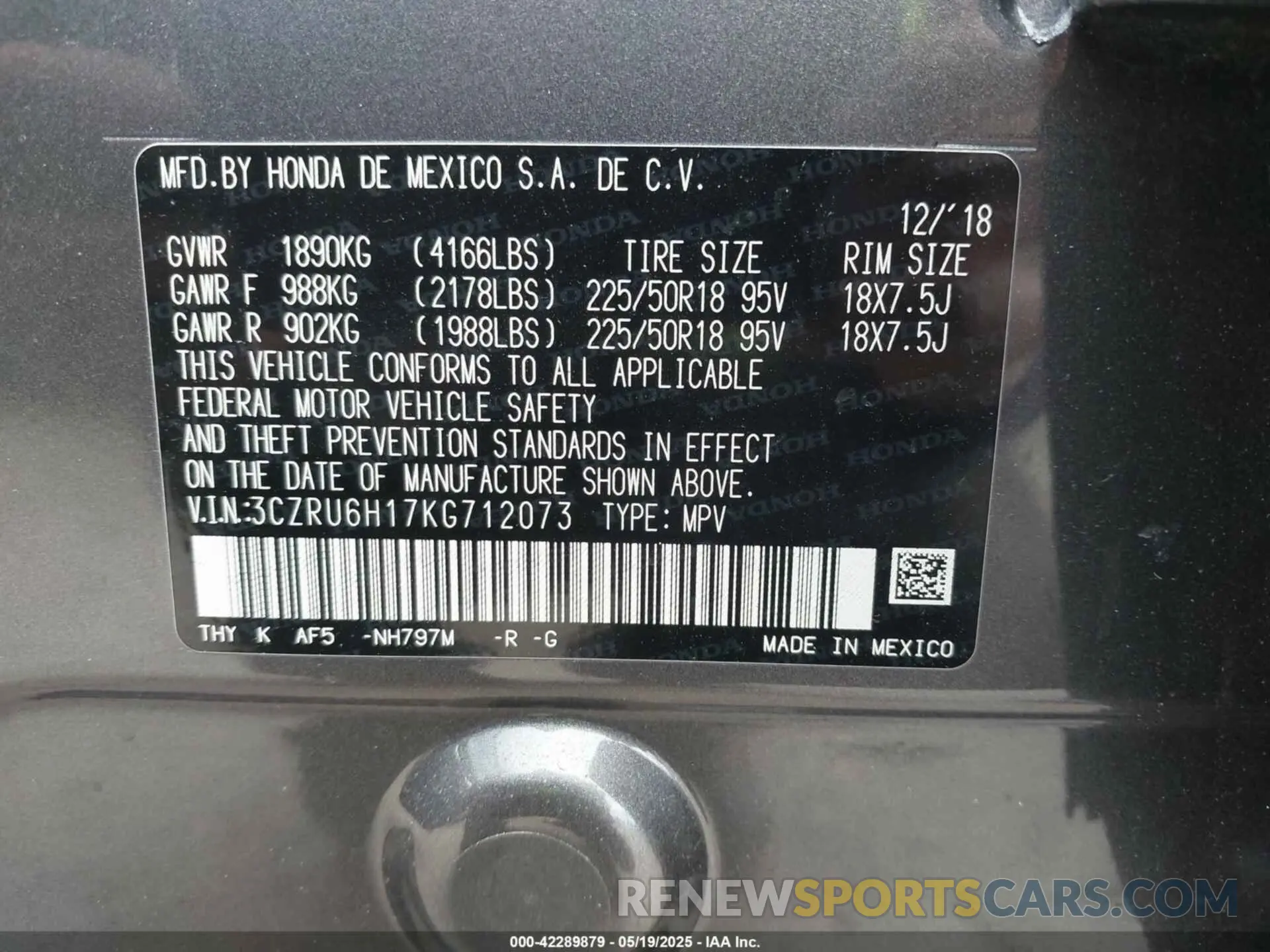 9 Photograph of a damaged car 3CZRU6H17KG712073 HONDA HR-V 2019