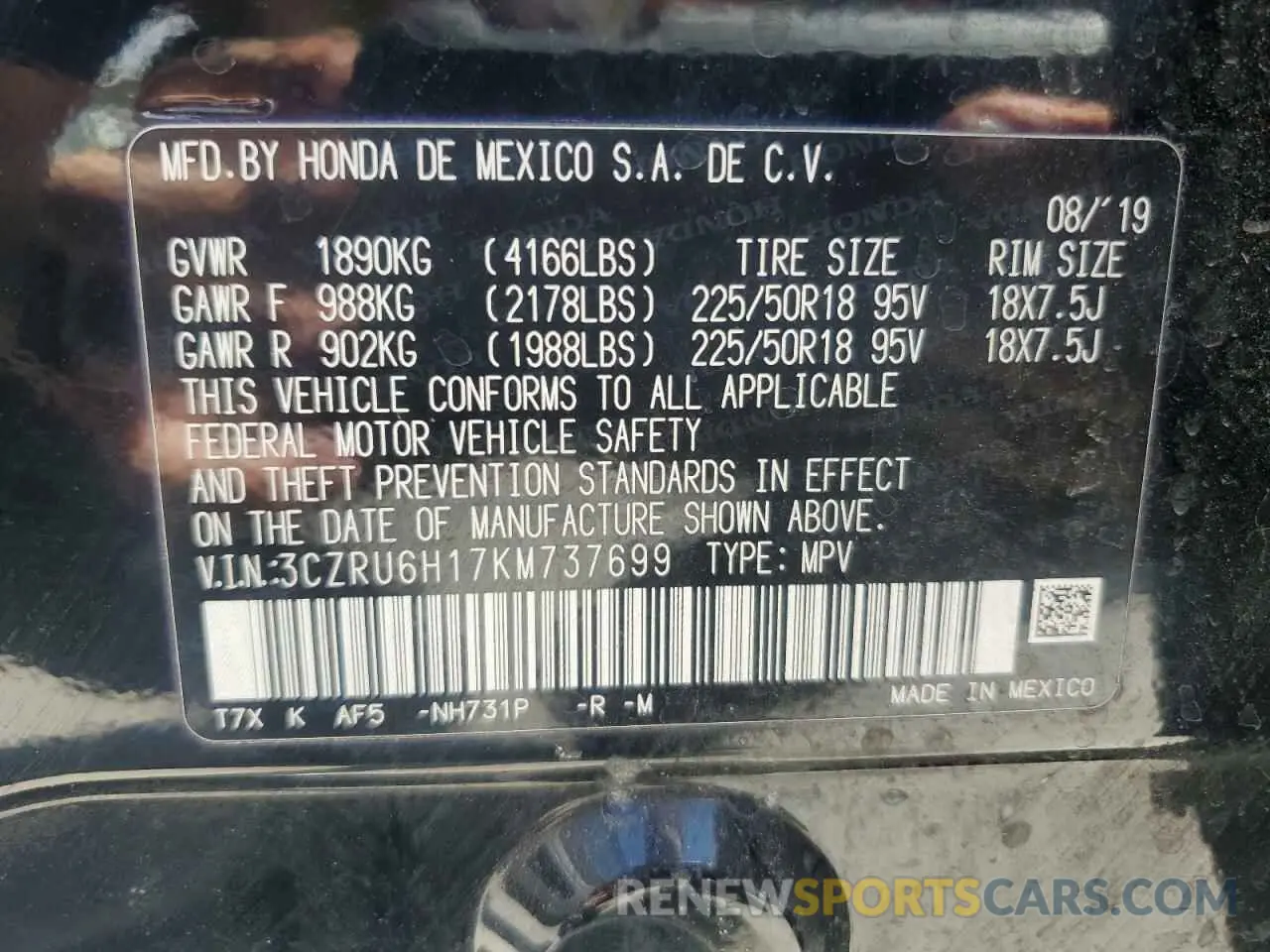 14 Photograph of a damaged car 3CZRU6H17KM737699 HONDA HR-V 2019