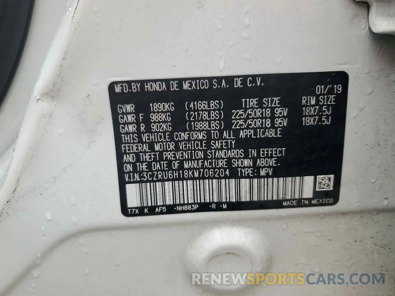 13 Photograph of a damaged car 3CZRU6H18KM706204 HONDA HR-V 2019