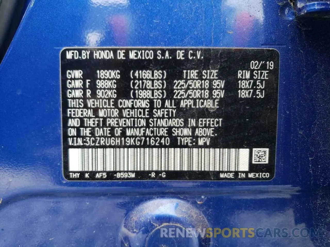 13 Photograph of a damaged car 3CZRU6H19KG716240 HONDA HR-V 2019