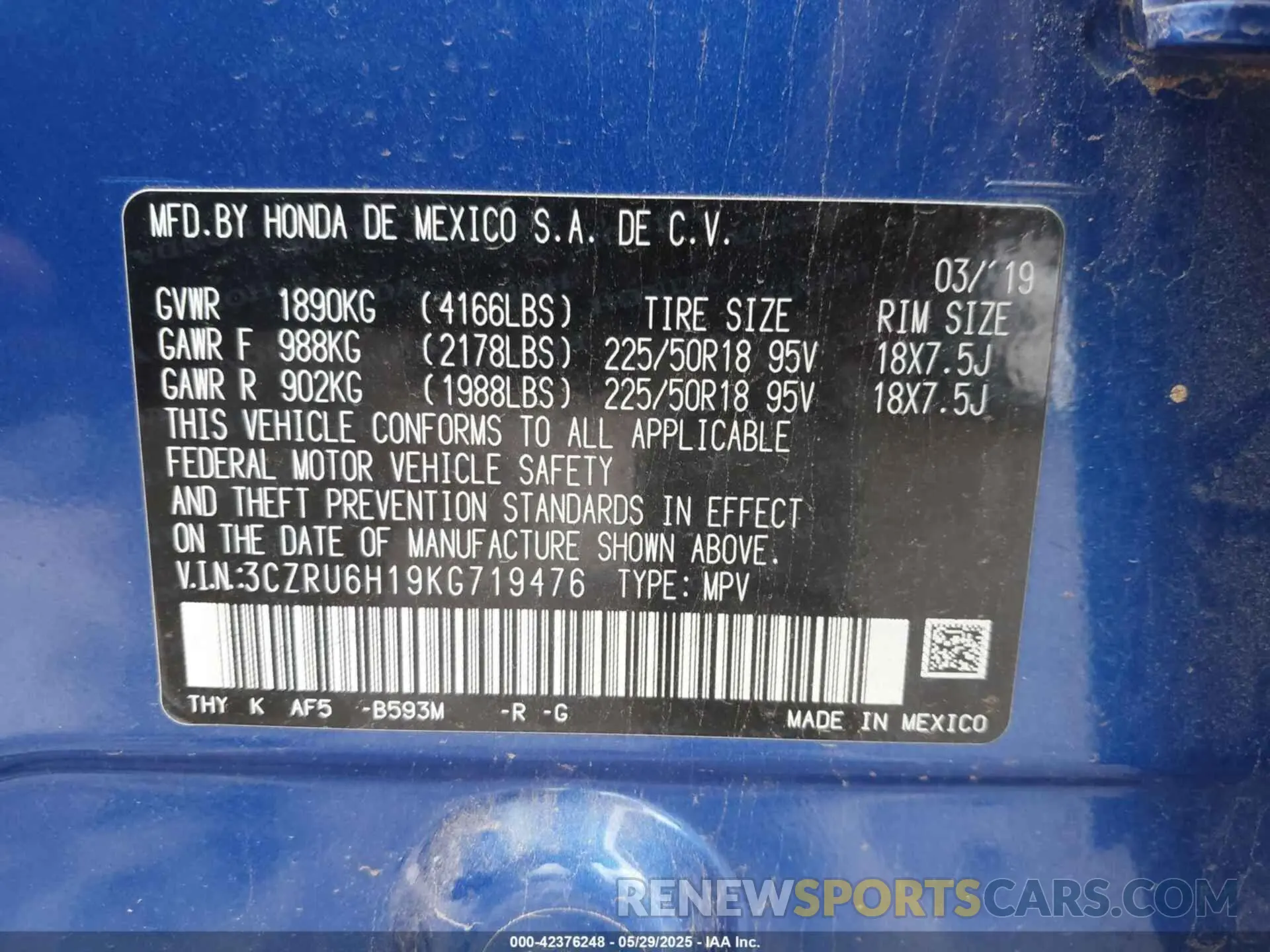 9 Photograph of a damaged car 3CZRU6H19KG719476 HONDA HR-V 2019