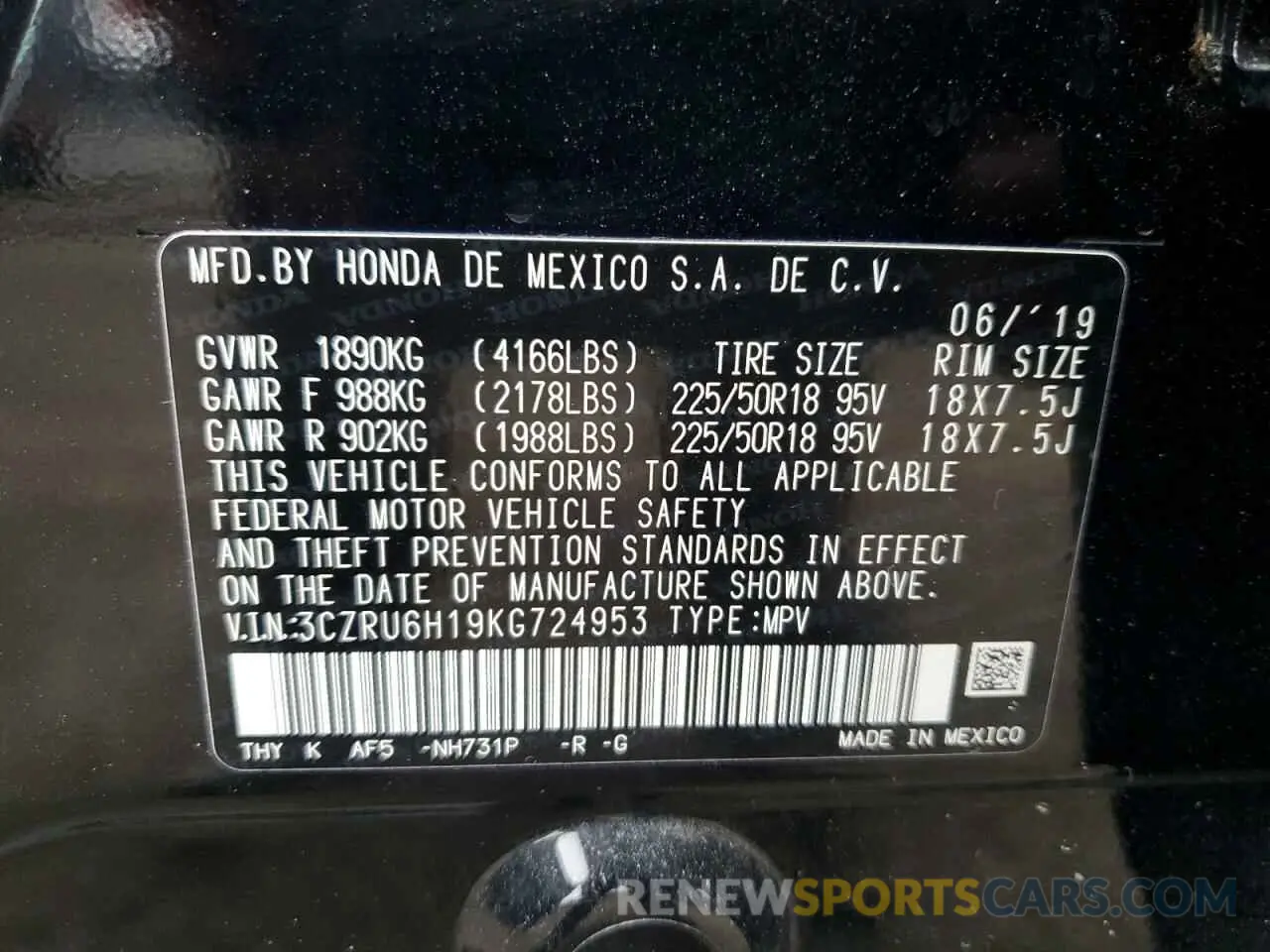 13 Photograph of a damaged car 3CZRU6H19KG724953 HONDA HR-V 2019