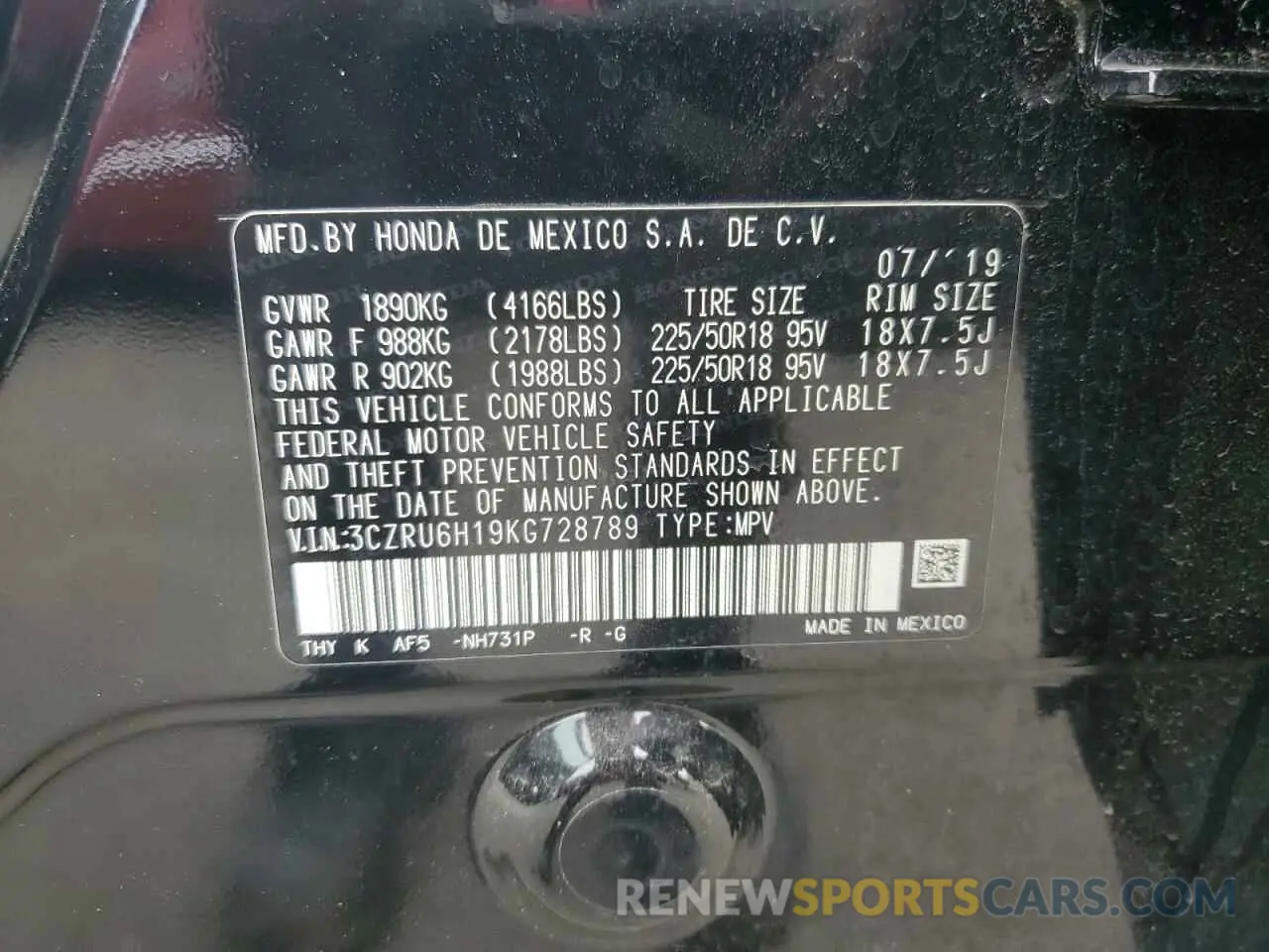 13 Photograph of a damaged car 3CZRU6H19KG728789 HONDA HR-V 2019