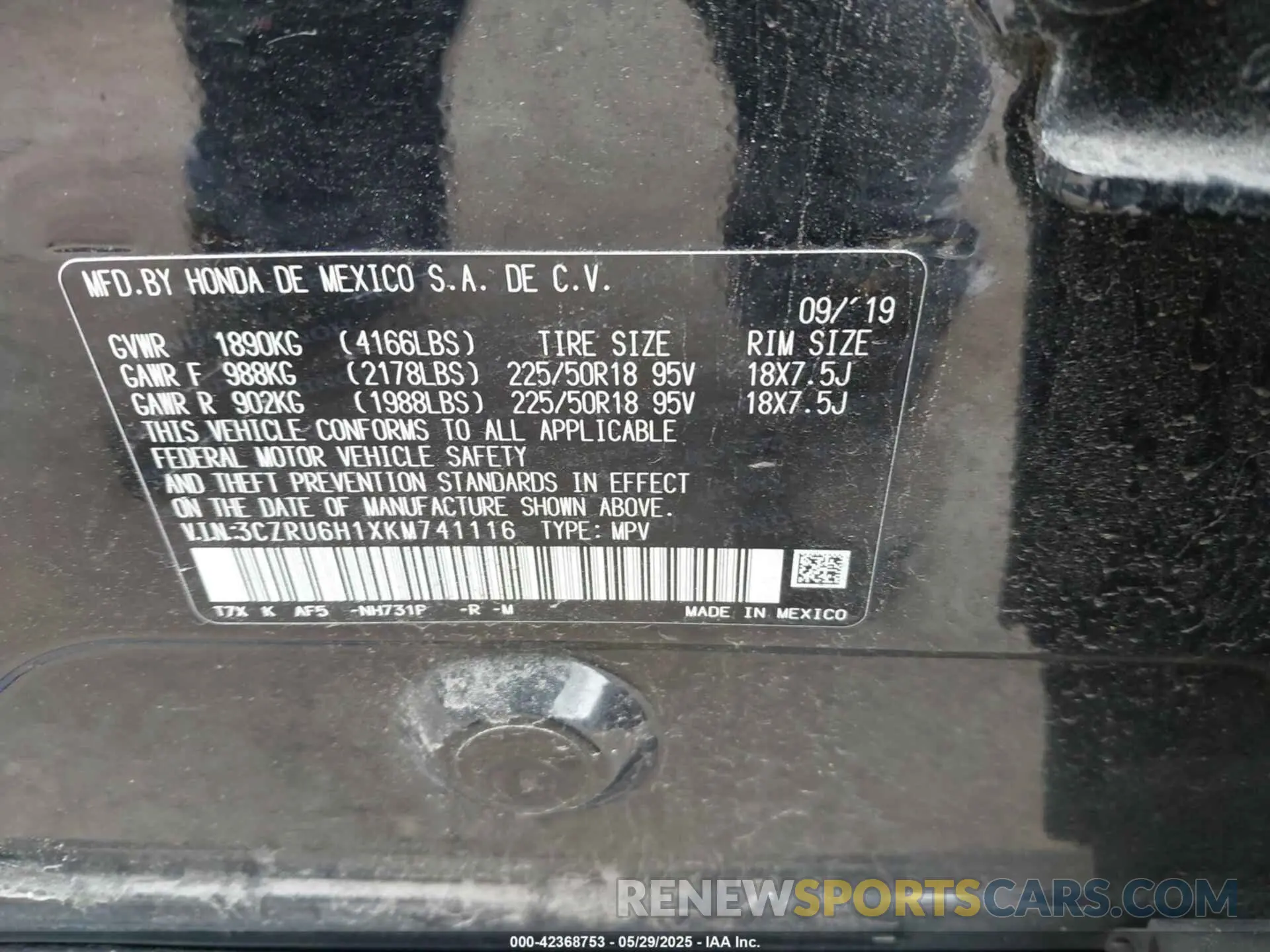 9 Photograph of a damaged car 3CZRU6H1XKM741116 HONDA HR-V 2019