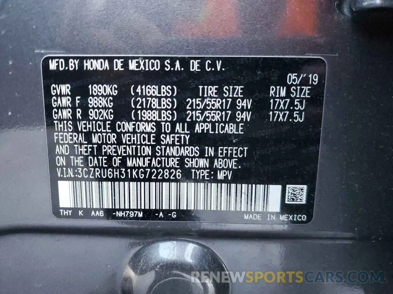 12 Photograph of a damaged car 3CZRU6H31KG722826 HONDA HR-V 2019