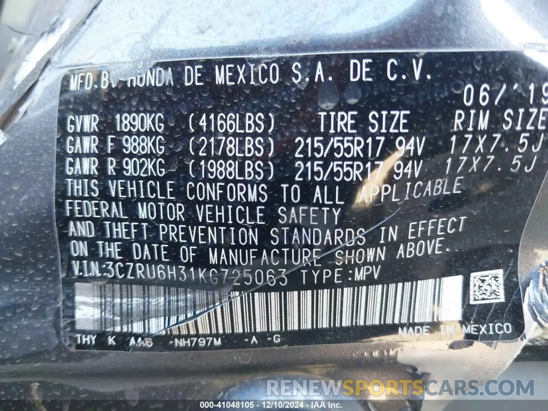 9 Photograph of a damaged car 3CZRU6H31KG725063 HONDA HR-V 2019