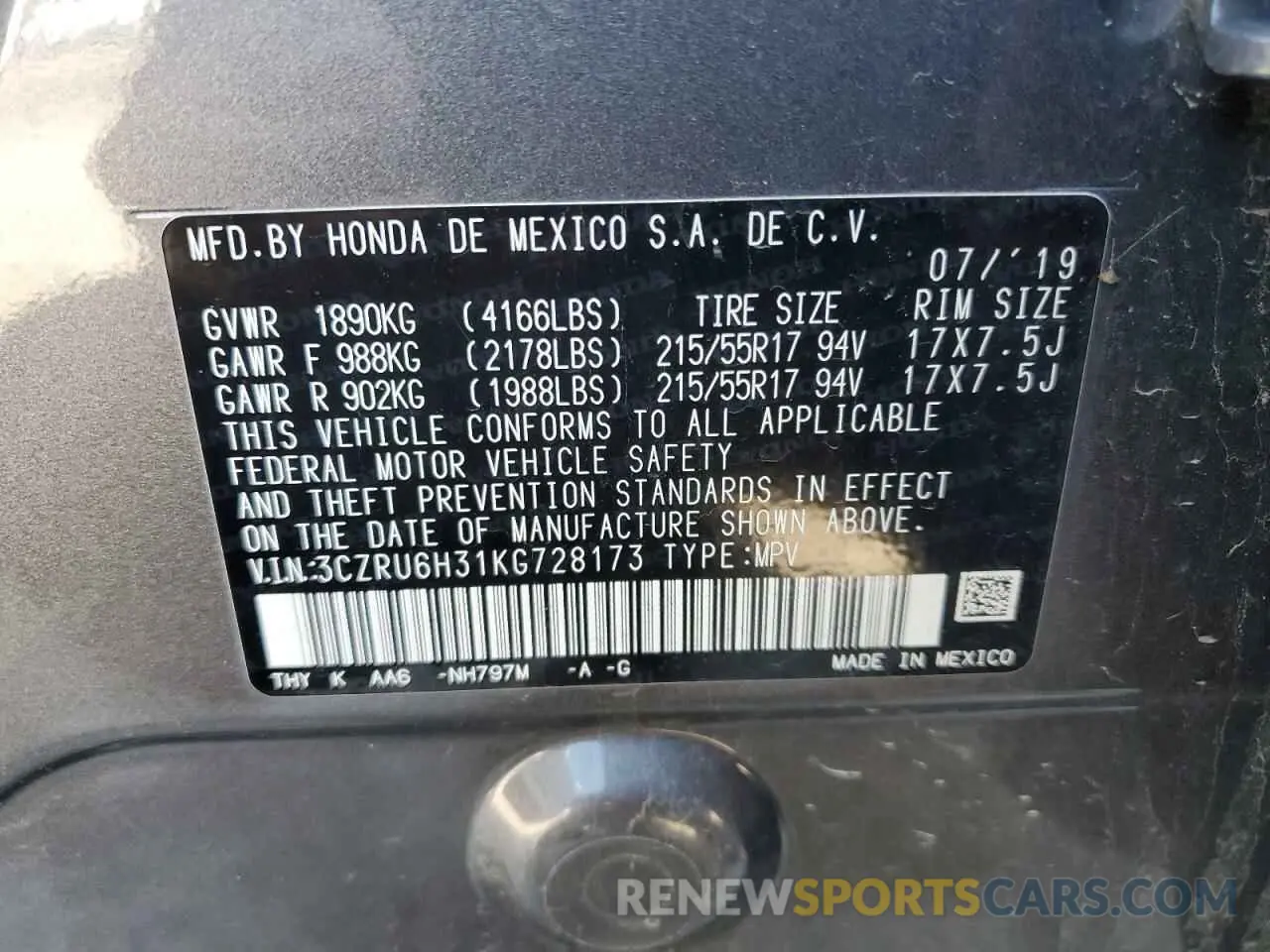 15 Photograph of a damaged car 3CZRU6H31KG728173 HONDA HR-V 2019