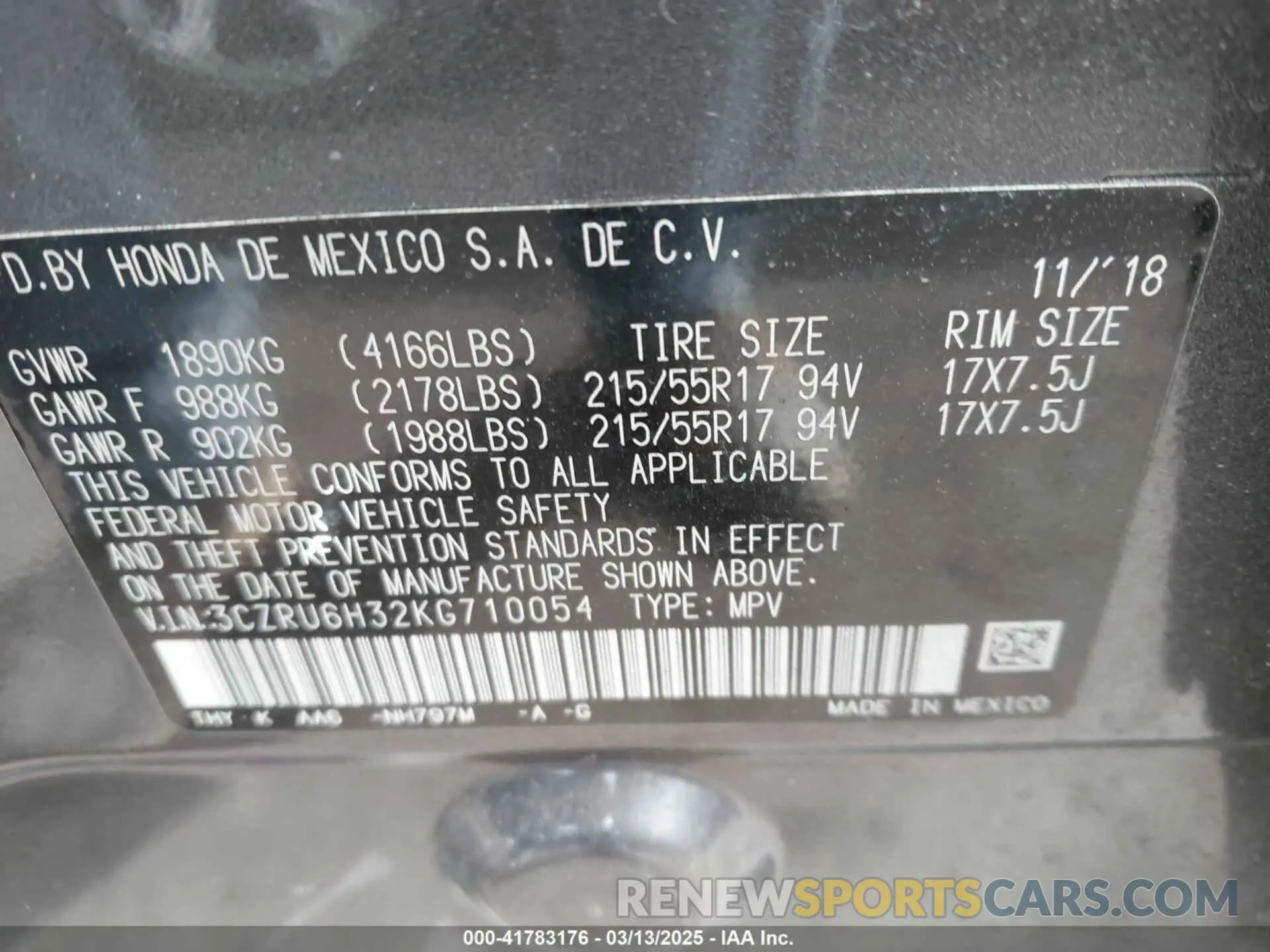 9 Photograph of a damaged car 3CZRU6H32KG710054 HONDA HR-V 2019