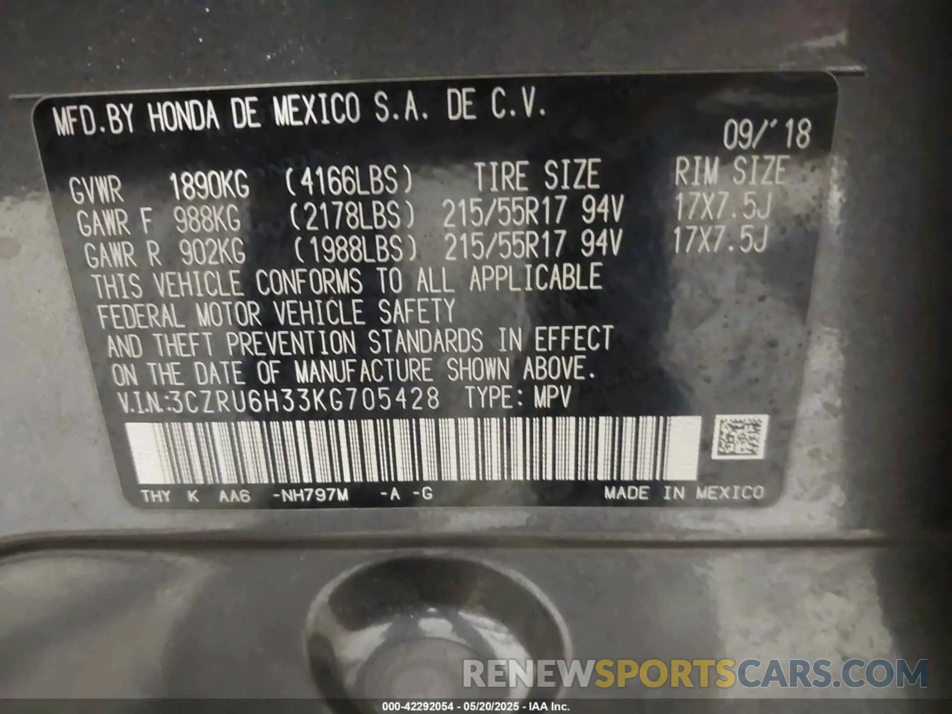 9 Photograph of a damaged car 3CZRU6H33KG705428 HONDA HR-V 2019