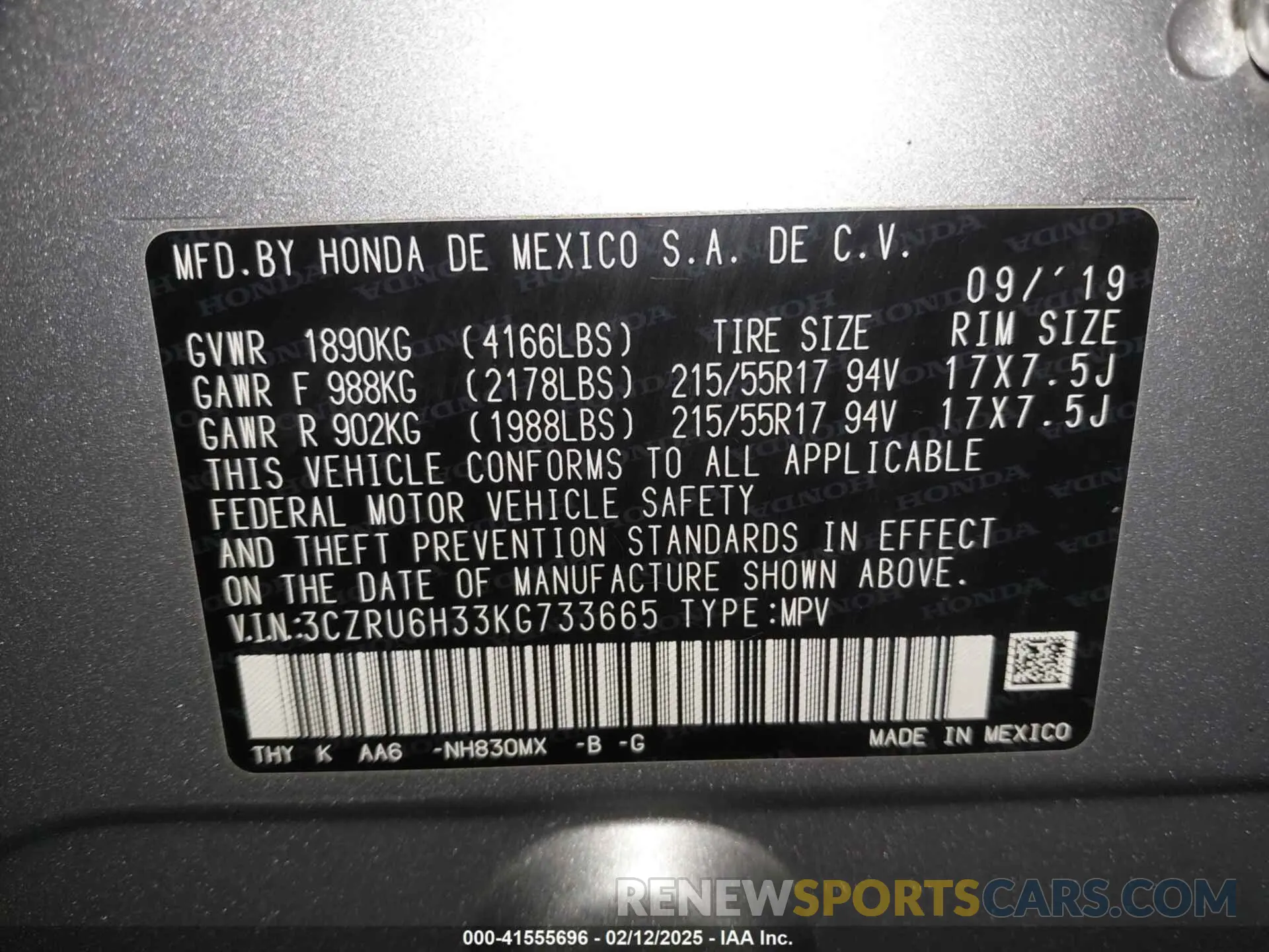 9 Photograph of a damaged car 3CZRU6H33KG733665 HONDA HR-V 2019