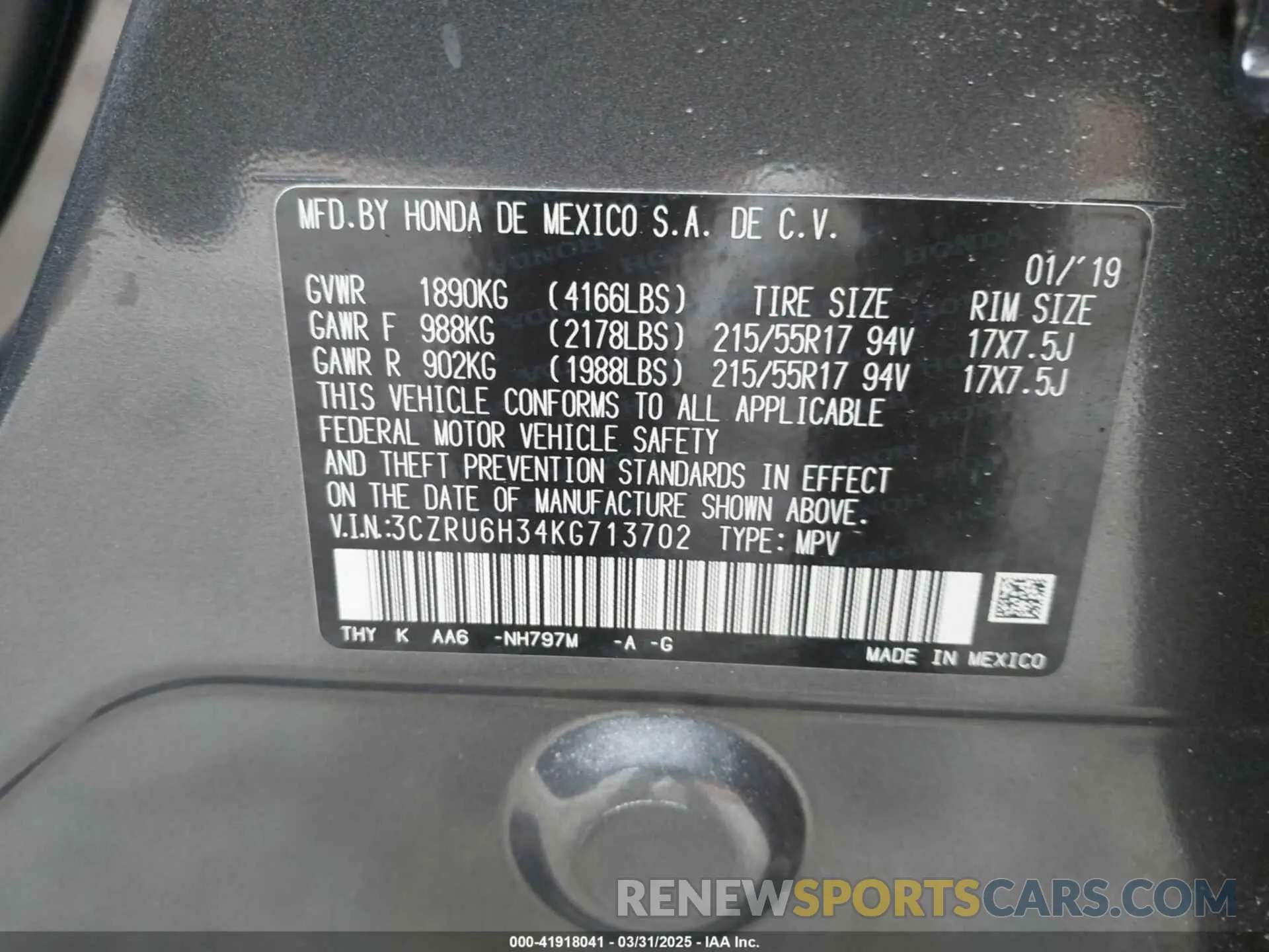 9 Photograph of a damaged car 3CZRU6H34KG713702 HONDA HR-V 2019