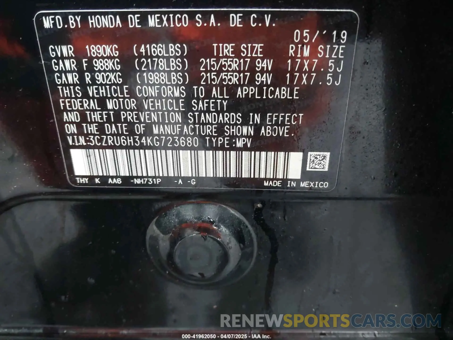 9 Photograph of a damaged car 3CZRU6H34KG723680 HONDA HR-V 2019