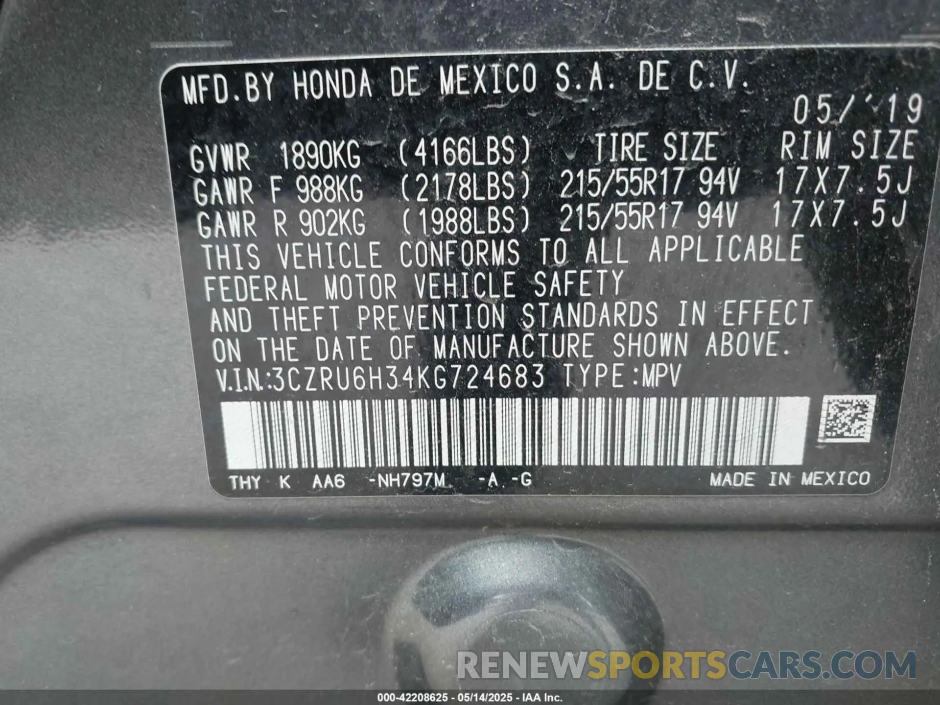 9 Photograph of a damaged car 3CZRU6H34KG724683 HONDA HR-V 2019