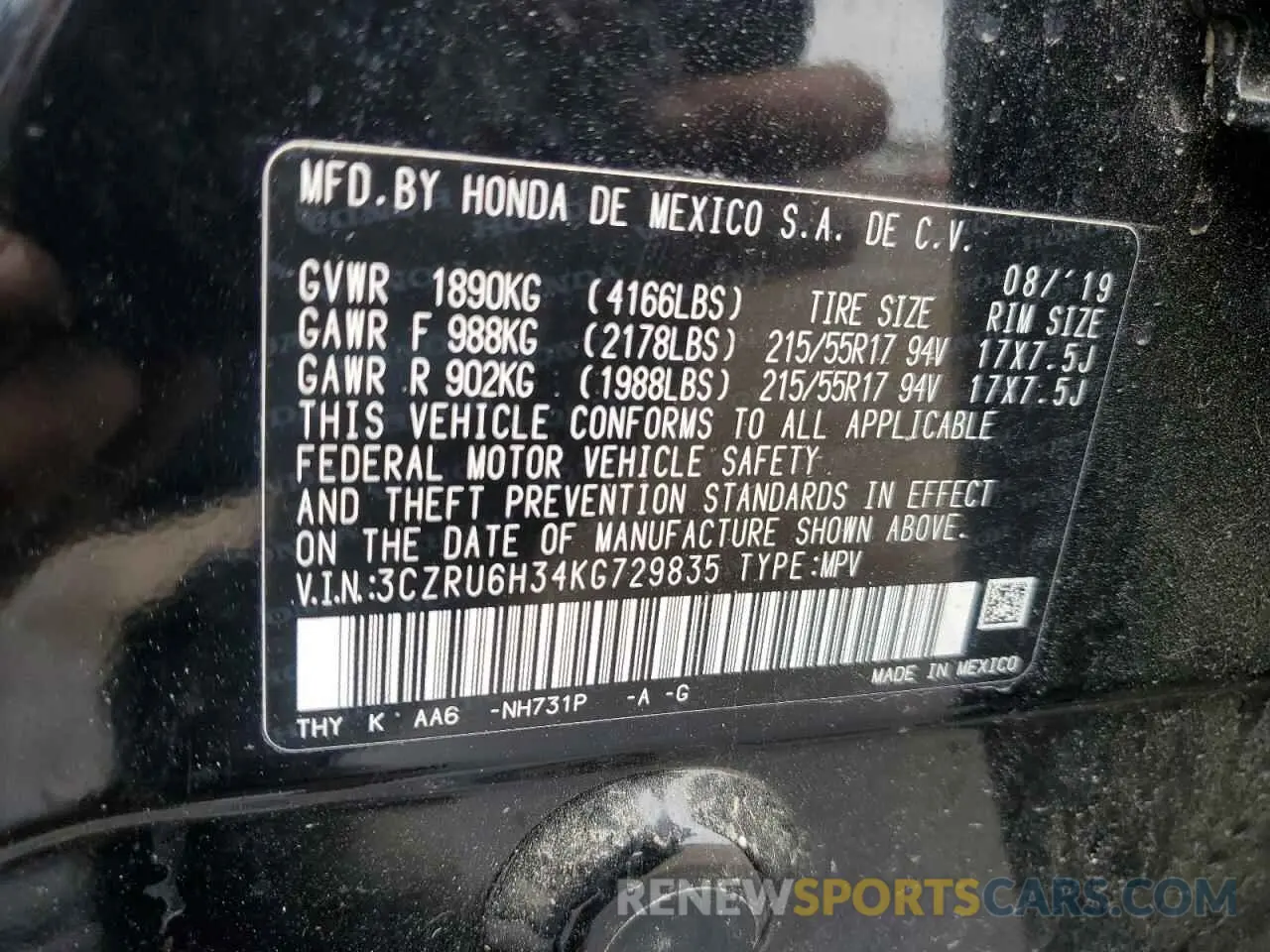 12 Photograph of a damaged car 3CZRU6H34KG729835 HONDA HR-V 2019