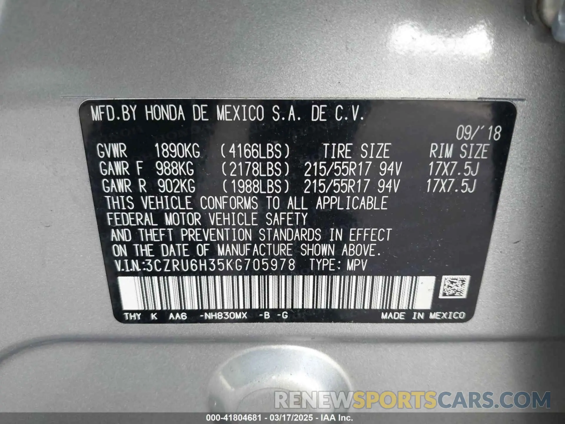 9 Photograph of a damaged car 3CZRU6H35KG705978 HONDA HR-V 2019