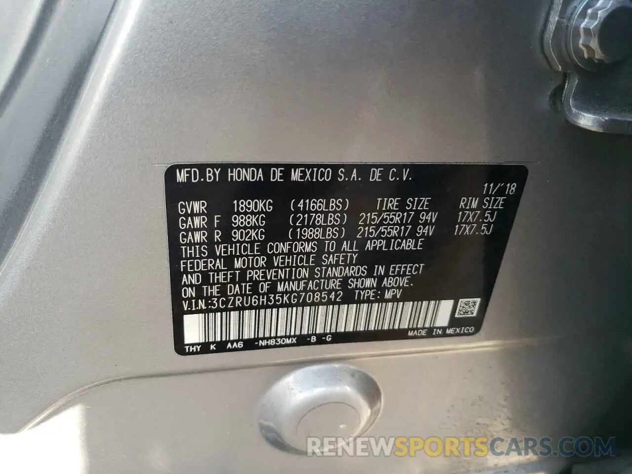 13 Photograph of a damaged car 3CZRU6H35KG708542 HONDA HR-V 2019