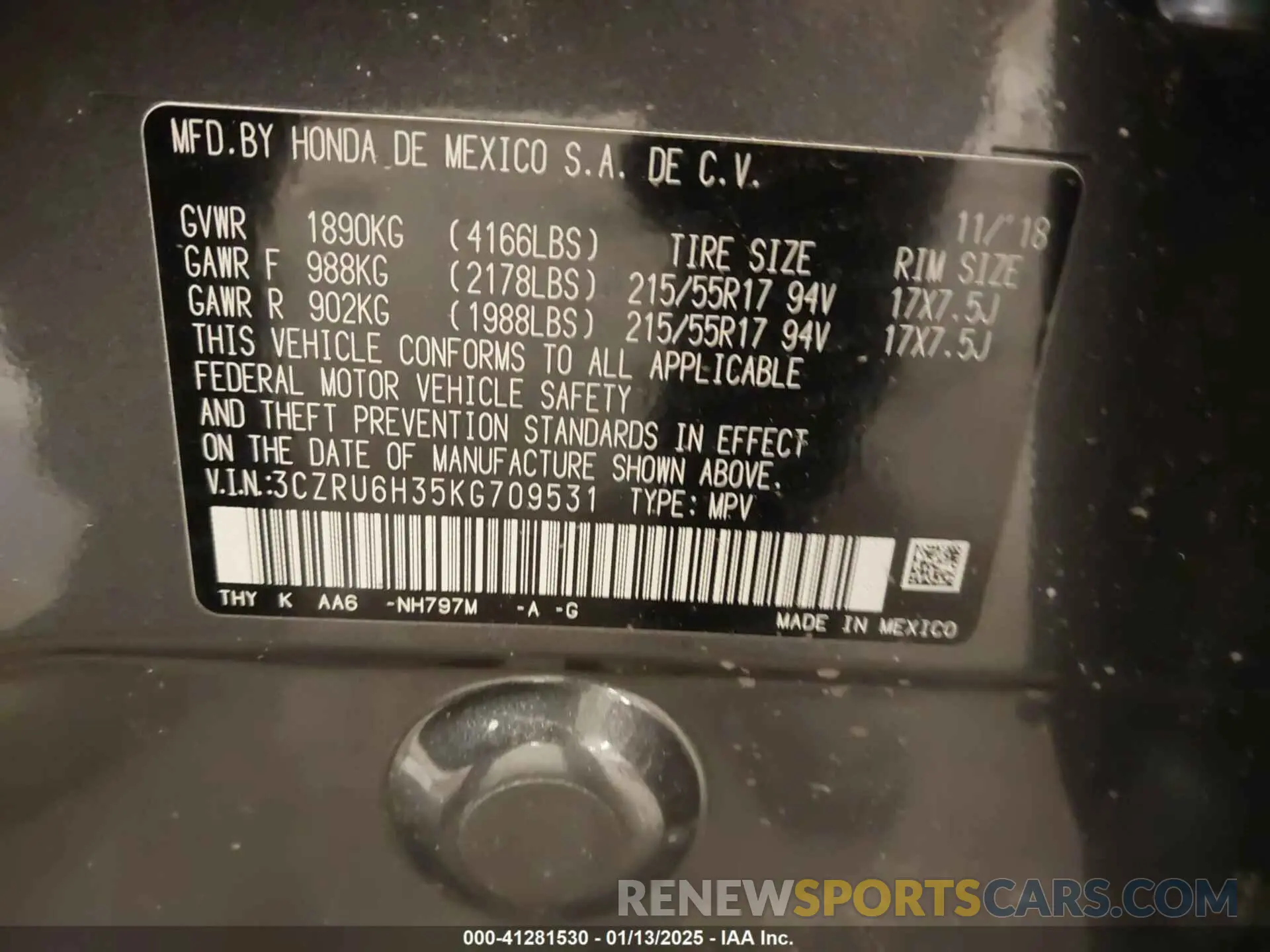 9 Photograph of a damaged car 3CZRU6H35KG709531 HONDA HR-V 2019
