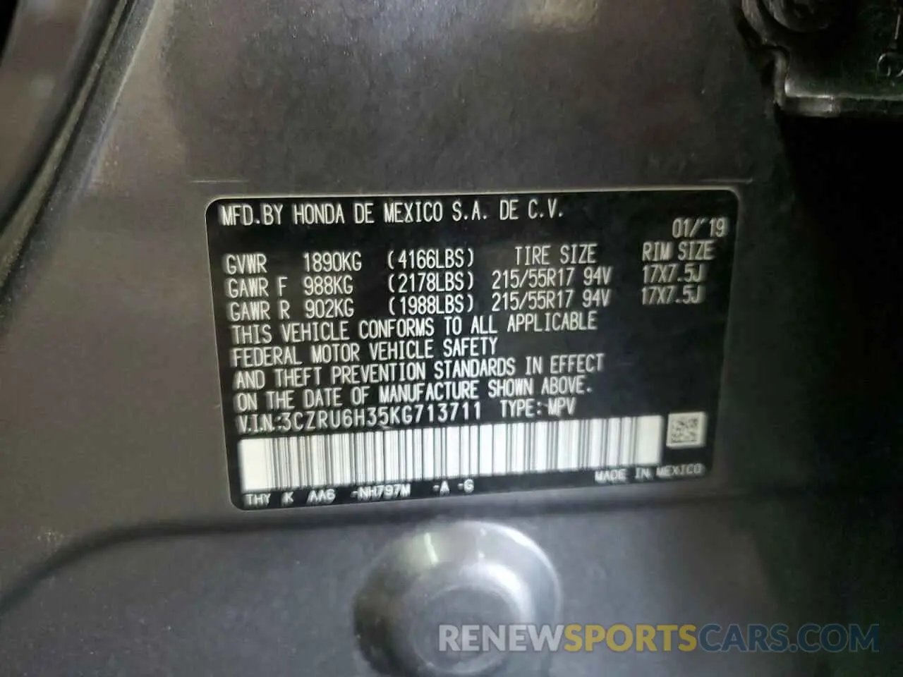 14 Photograph of a damaged car 3CZRU6H35KG713711 HONDA HR-V 2019