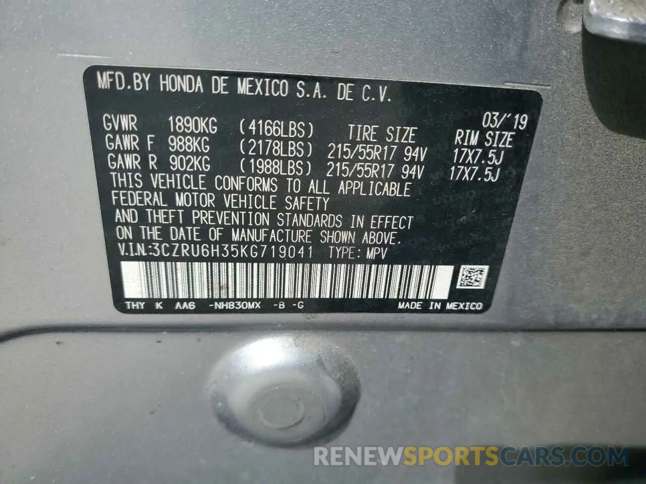 13 Photograph of a damaged car 3CZRU6H35KG719041 HONDA HR-V 2019