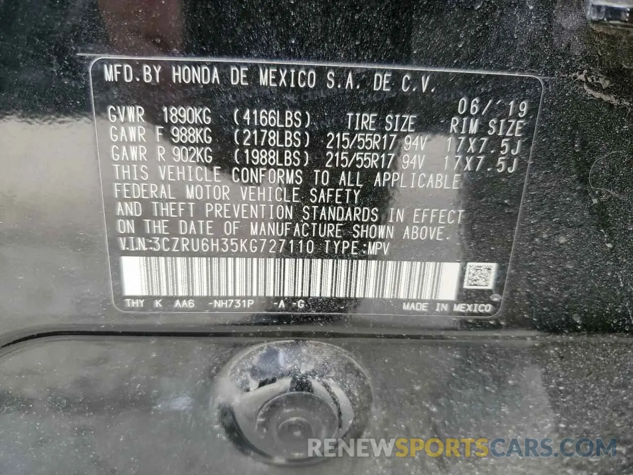 16 Photograph of a damaged car 3CZRU6H35KG727110 HONDA HR-V 2019