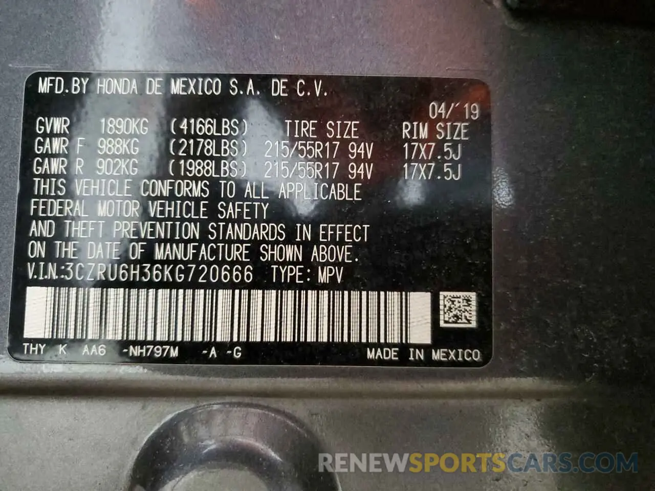 13 Photograph of a damaged car 3CZRU6H36KG720666 HONDA HR-V 2019