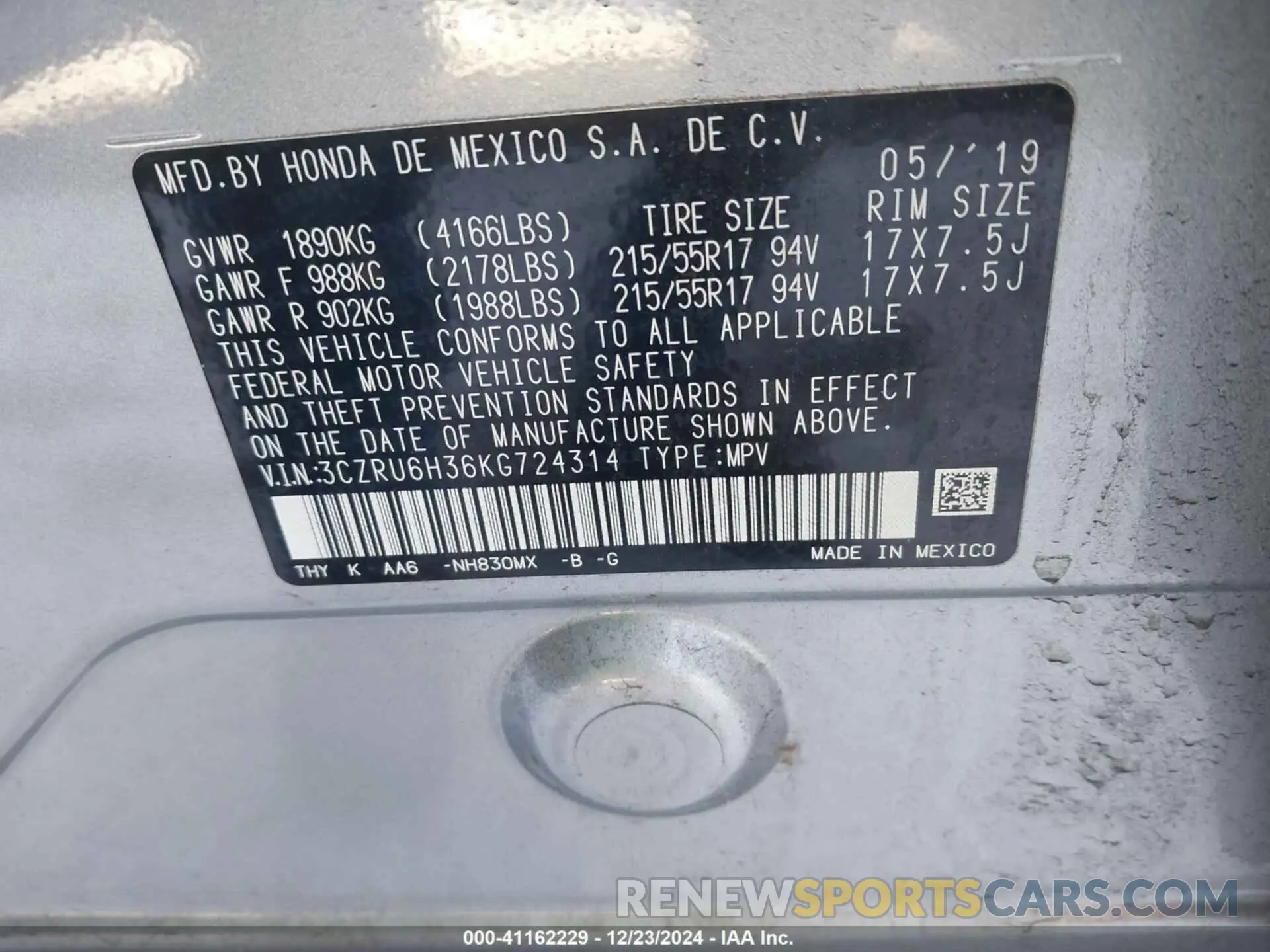 9 Photograph of a damaged car 3CZRU6H36KG724314 HONDA HR-V 2019