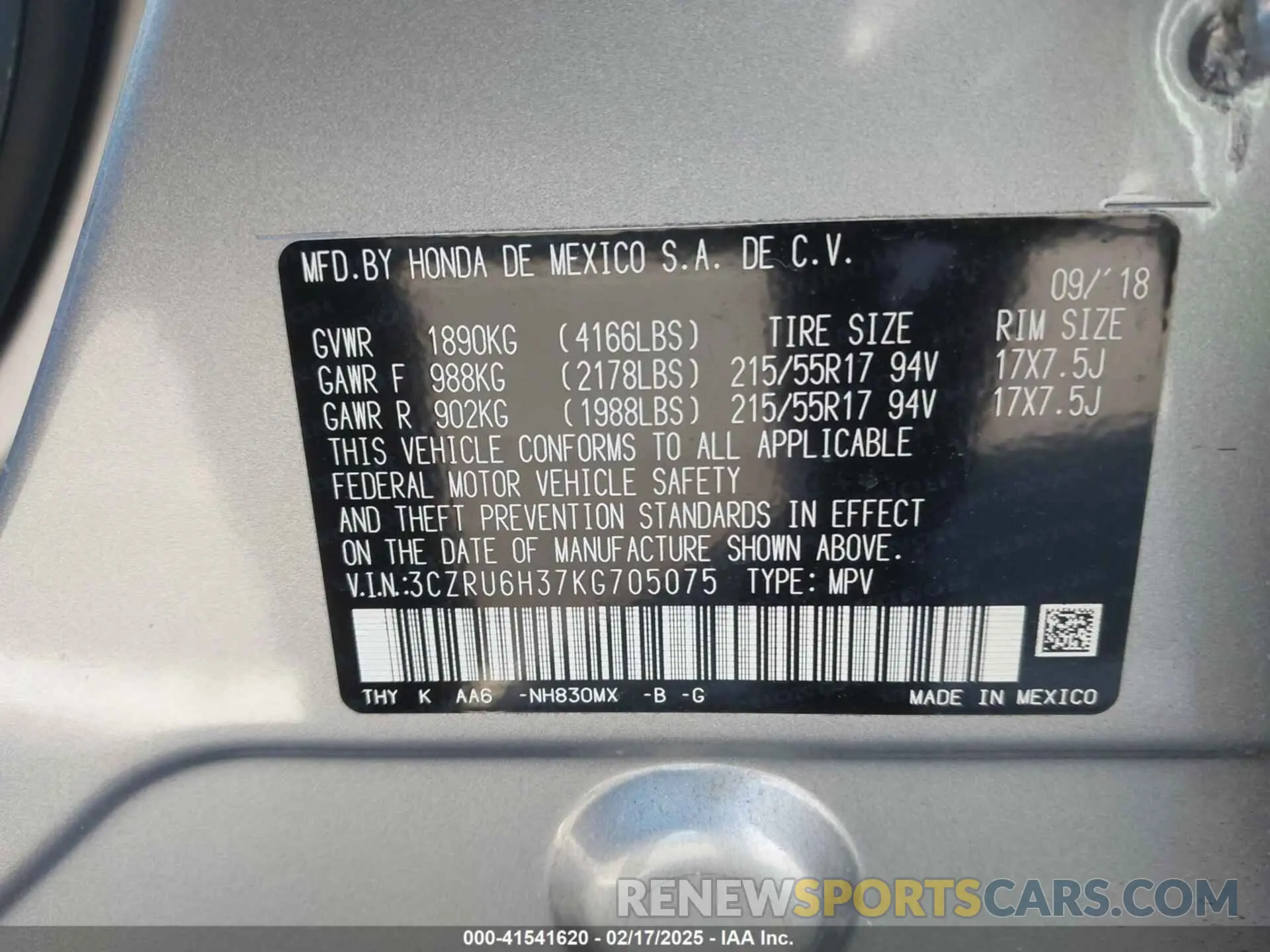 9 Photograph of a damaged car 3CZRU6H37KG705075 HONDA HR-V 2019