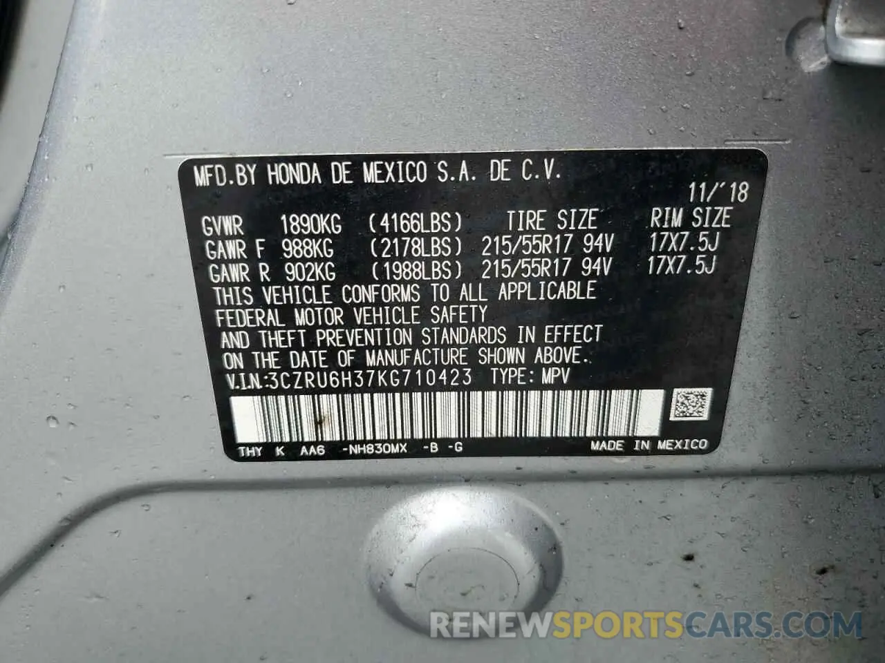 13 Photograph of a damaged car 3CZRU6H37KG710423 HONDA HR-V 2019