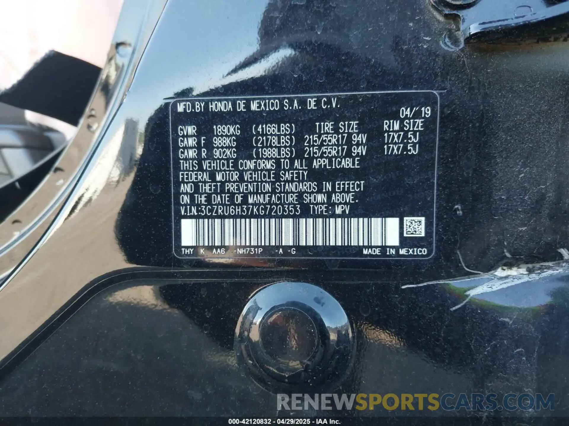 9 Photograph of a damaged car 3CZRU6H37KG720353 HONDA HR-V 2019