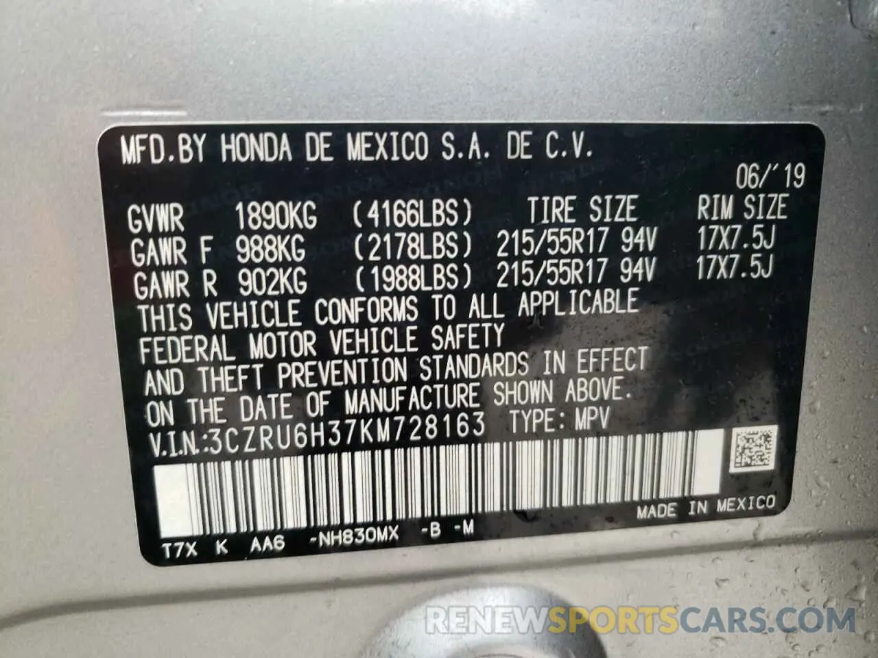 13 Photograph of a damaged car 3CZRU6H37KM728163 HONDA HR-V 2019