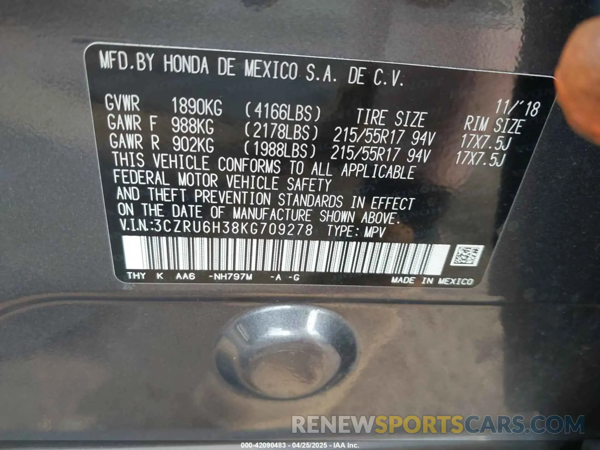 9 Photograph of a damaged car 3CZRU6H38KG709278 HONDA HR-V 2019