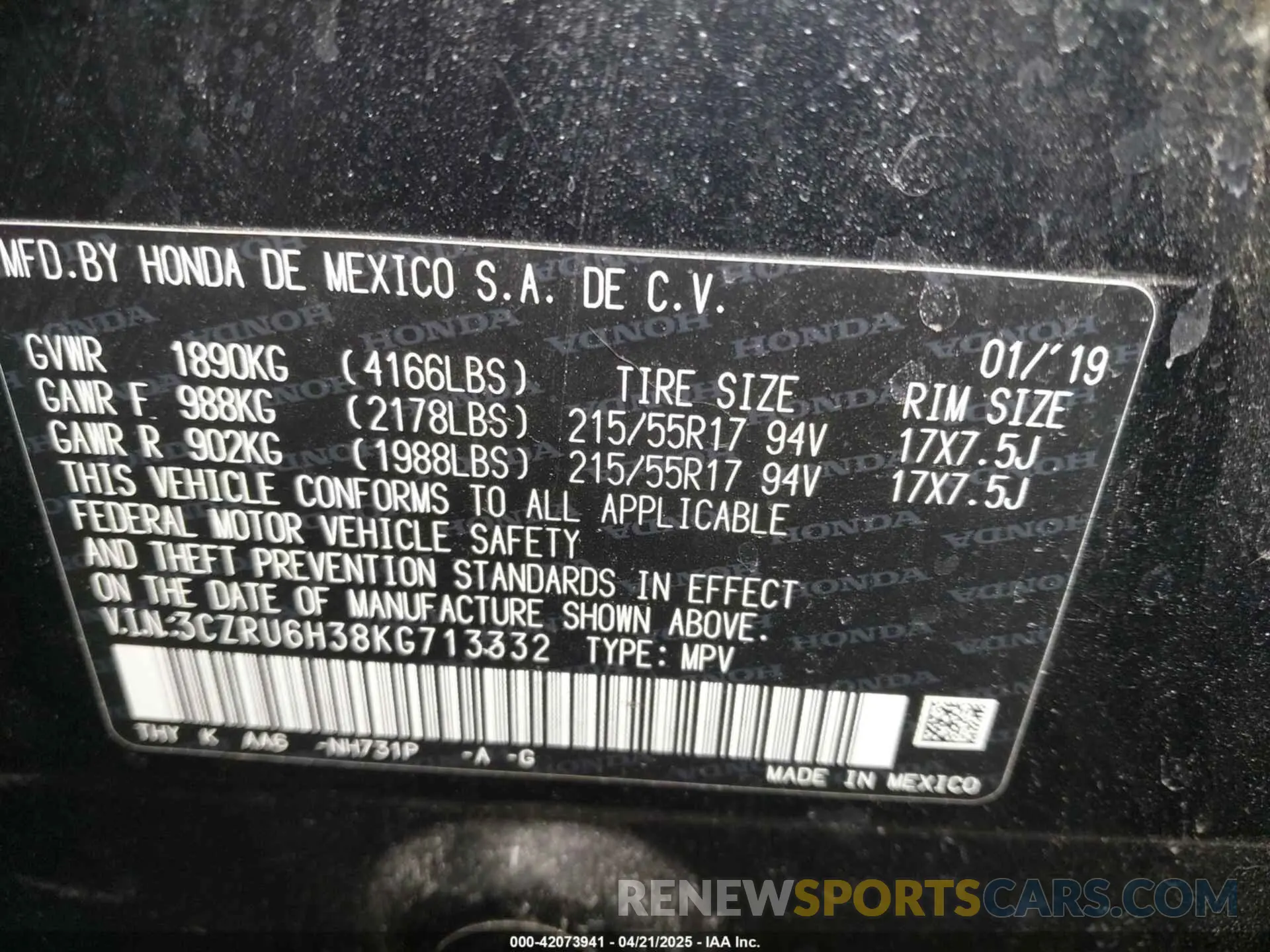 9 Photograph of a damaged car 3CZRU6H38KG713332 HONDA HR-V 2019